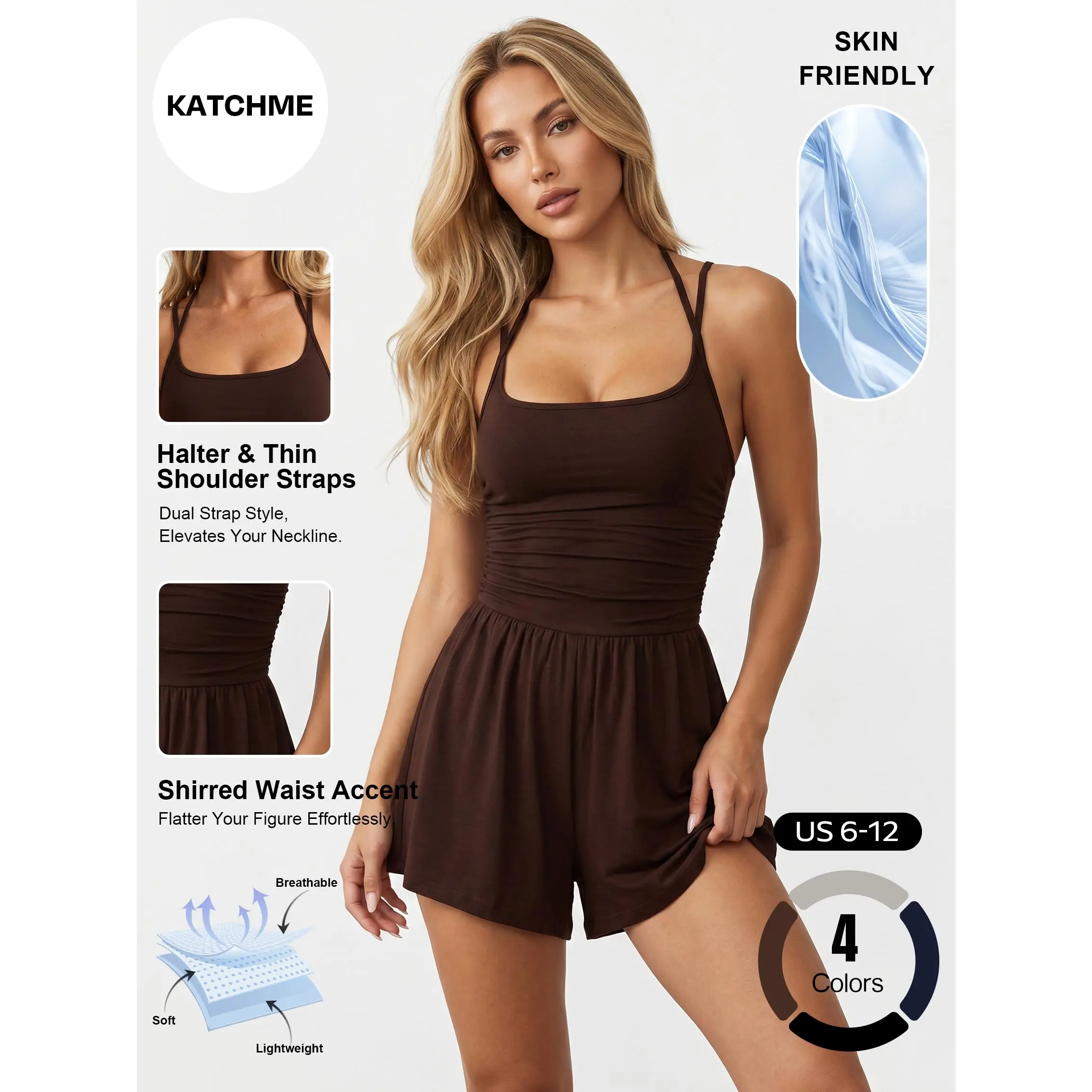 Katch Me Women's Minimalist Solid Color Dual Strap Shirred Wide Leg Playsuit, Spring & Summer Sweat-Wicking Stretch Sportswear, Athleisure Soft Breathable Backless Daily Outfit