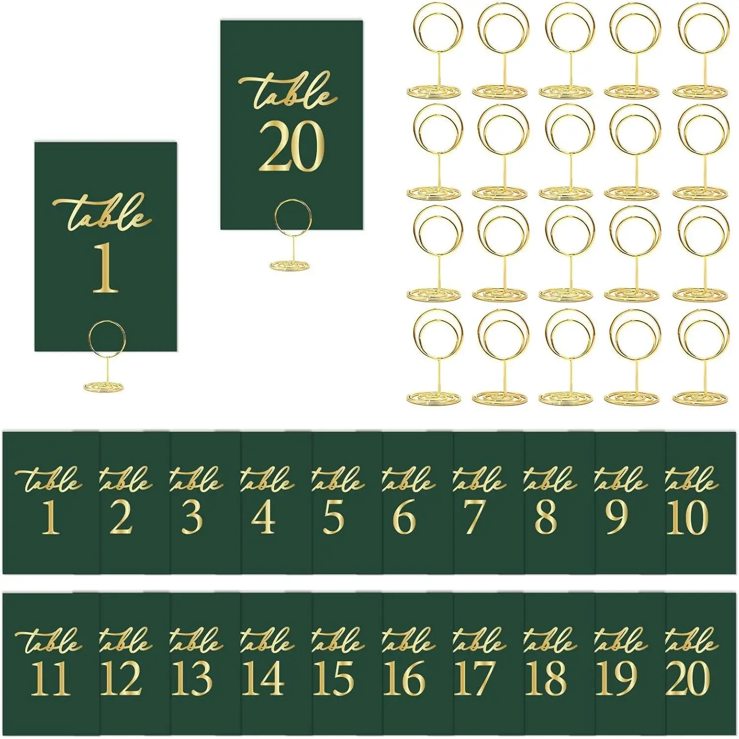 Emerald Green Table Numbers 1-20 with 20 Gold Table Card Holders - 4"x6" Double-Sided Place Cards for Wedding Birthday Anniversary Bridal Shower Party Restaurant Decor Supplies