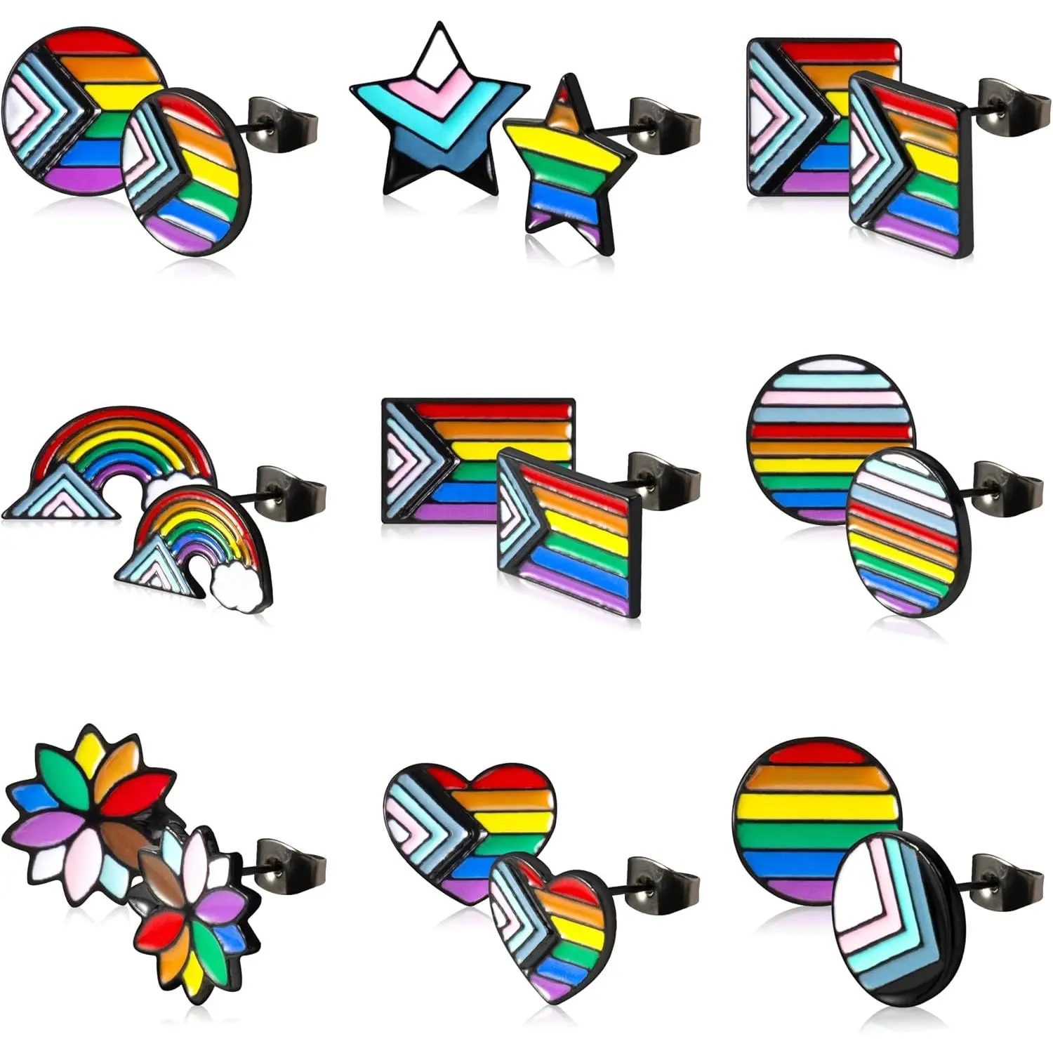 Progress Pride Flag Stud Earrings - 9 Pairs Rainbow Flag  Love Heart LGBTQ Drip Oil Enamel Earrings Set for Pride Day Parade Party Accessories Lesbian Pansexual Bisexual  Gifts