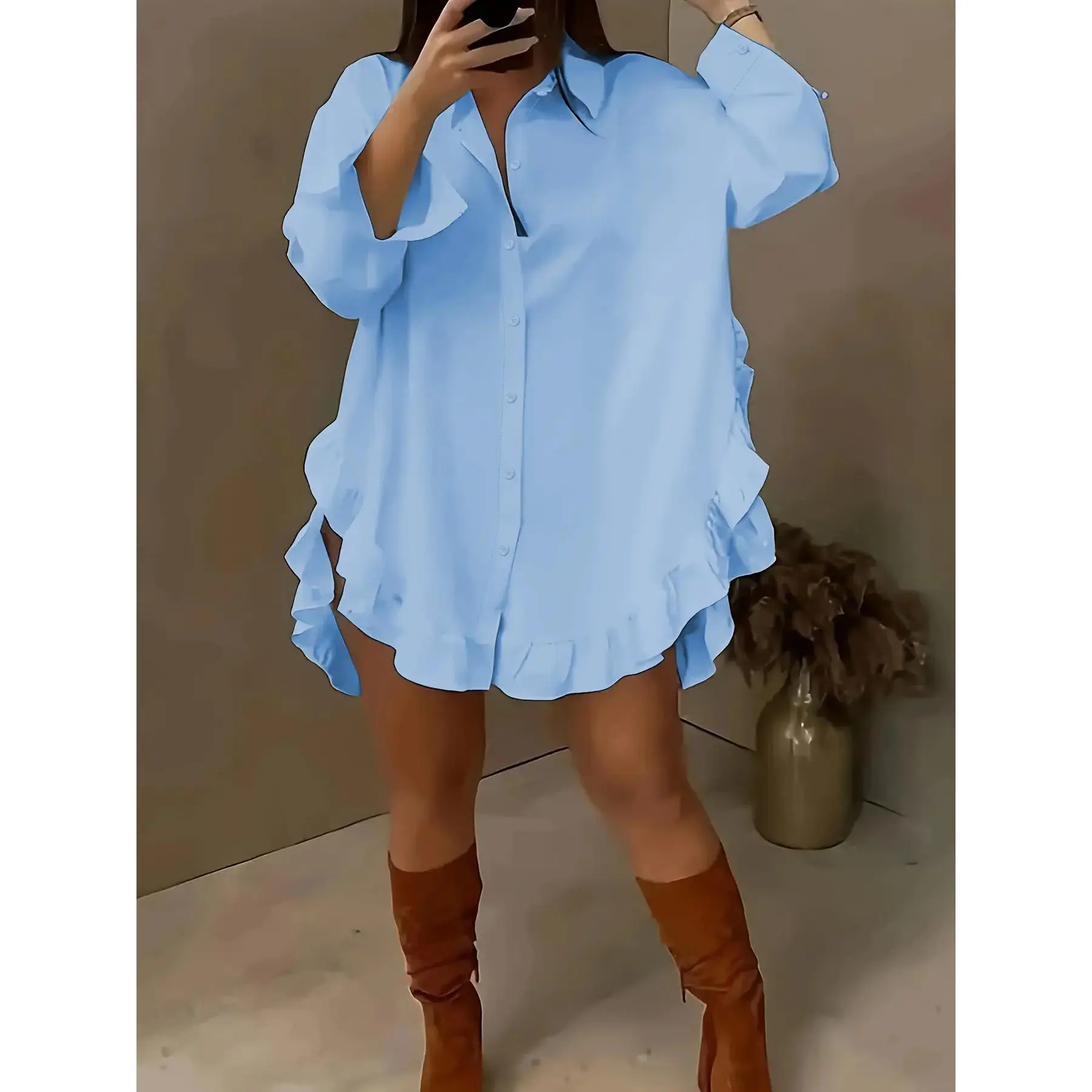 Elegant Women's Long Sleeve Shirt Blouse with Ruffled Trim, Casual Fashion Top for Spring & Fall Seasons, Perfect Daily Wear