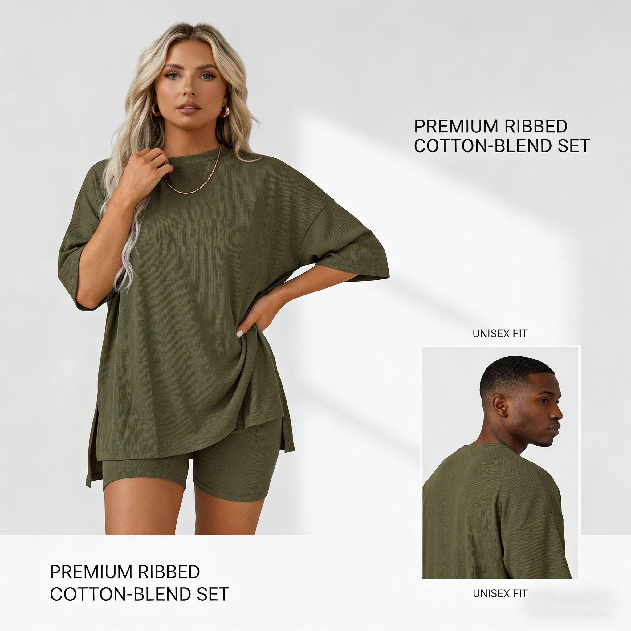 Women's Summer Crewneck 2 Piece Loungewear Set, Oversized Split Hem Top & Biker Shorts with Side Pockets, Soft Lightweight Viscose Loungewear outfit