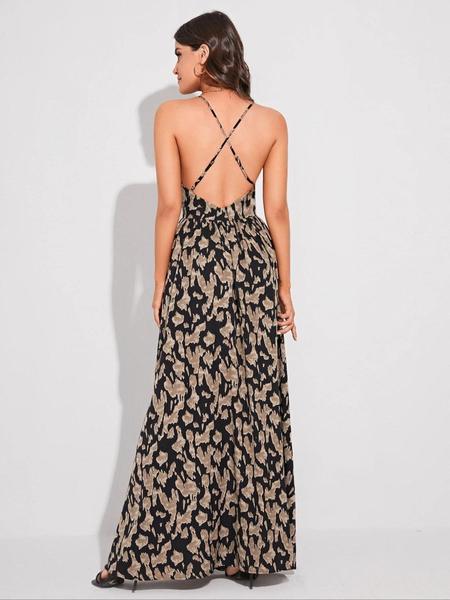 Women's All Over Print Criss Cross Backless Fitted Cami Dress, Boho Sleeveless Maxi Dress for Beach Holiday Vacation, suitable for all seasons