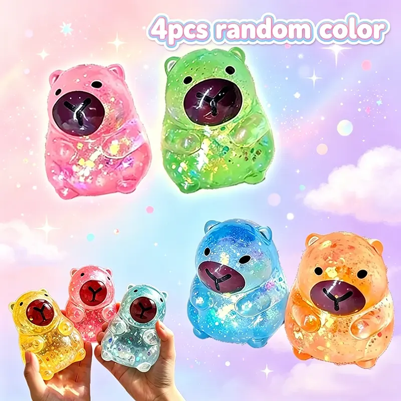 apybara Squishy Toy 4Pcs Random Color Glitter Transparent Jelly Stress Relief Kawaii Sensory Fidget Toy Collectible ASMR Satisfying Adult Kids Office Desk Gift Viral
