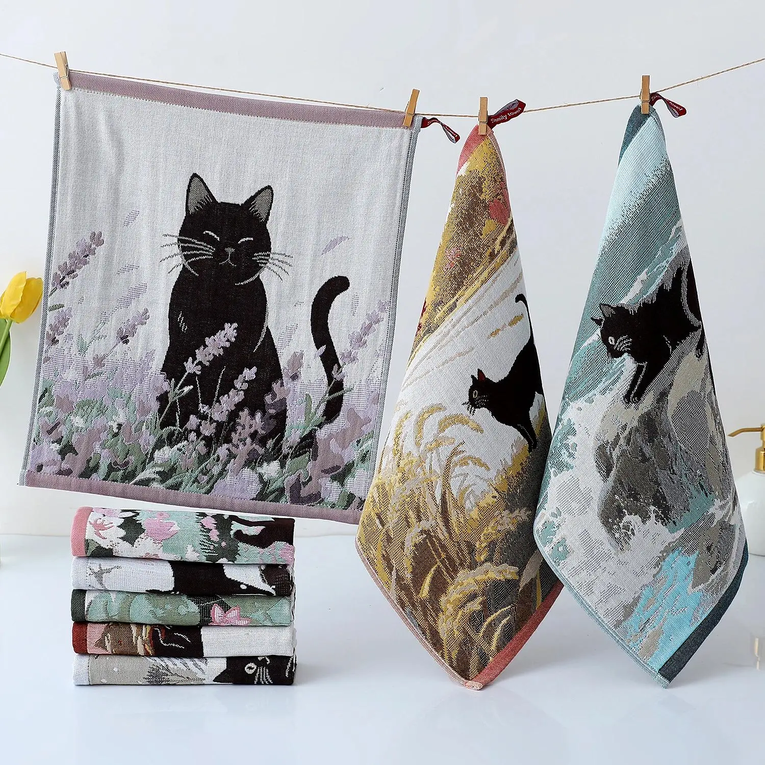 4 pieces, cute black cat pattern cotton yarn small handkerchief, 34*40cm