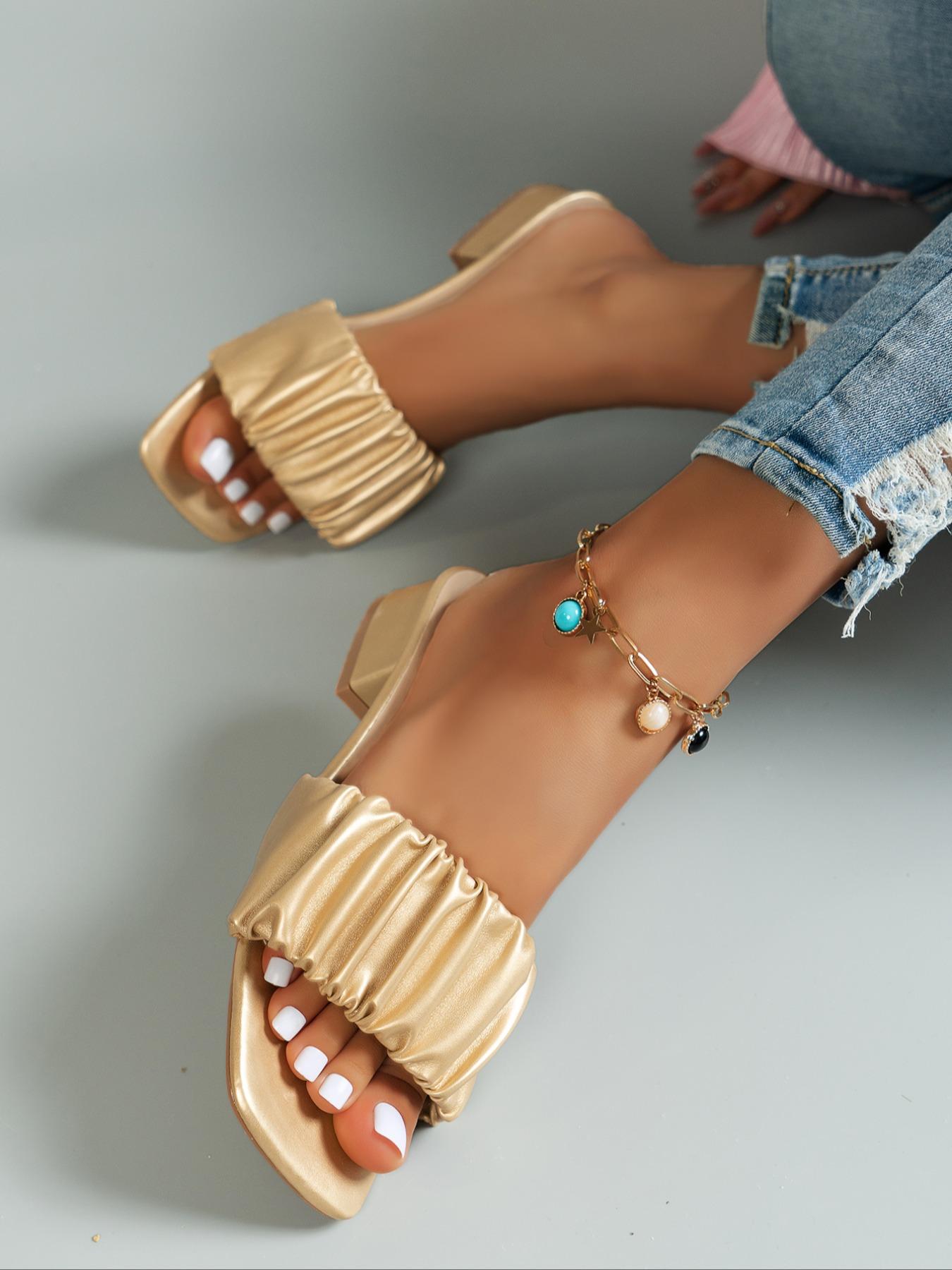 Women's Elegant Ruched Design Slip on Sandals, Trendy Square Toe Flat Sandals, Fashionable Shoes for Daily Wear, Classic Sandals