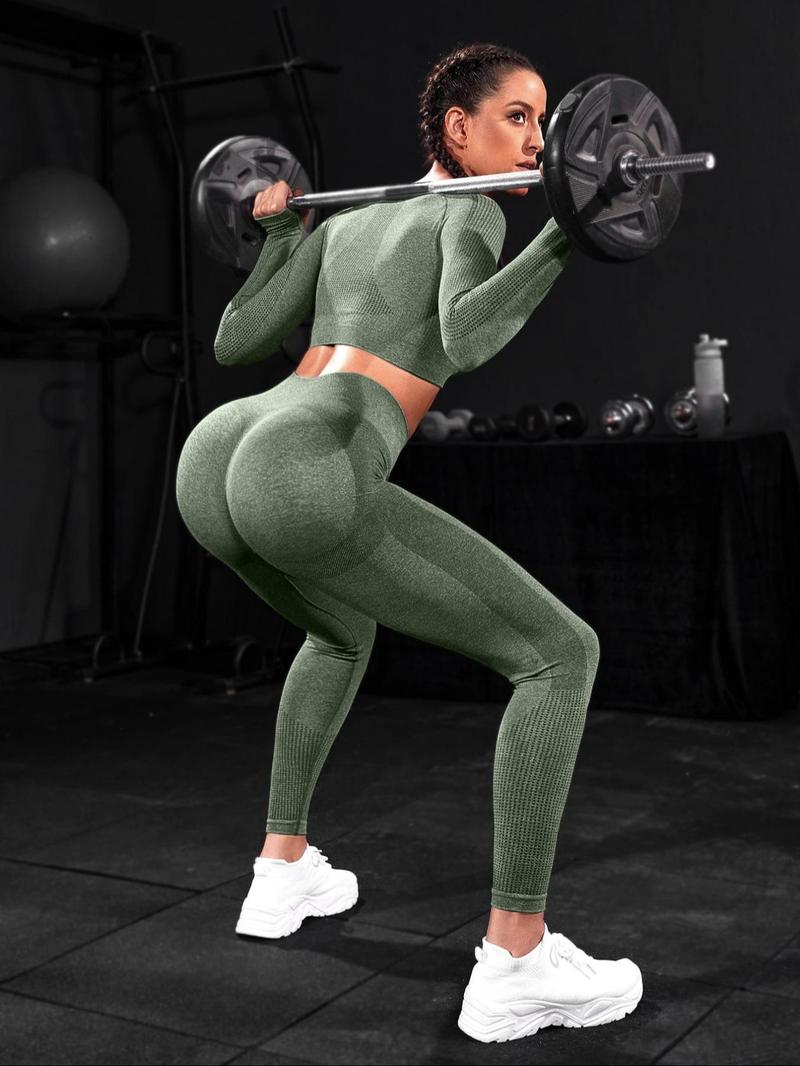 Two-piece Set Sporty Women's Plain Round Neck Crop Top & Ruched High Waist Leggings Tracksuit Set, Sport Comfy Breathable Two-piece Outfits for Yoga Gym Running, Ladies Sportswear for All Seasons, Activewear, Athletic Wear