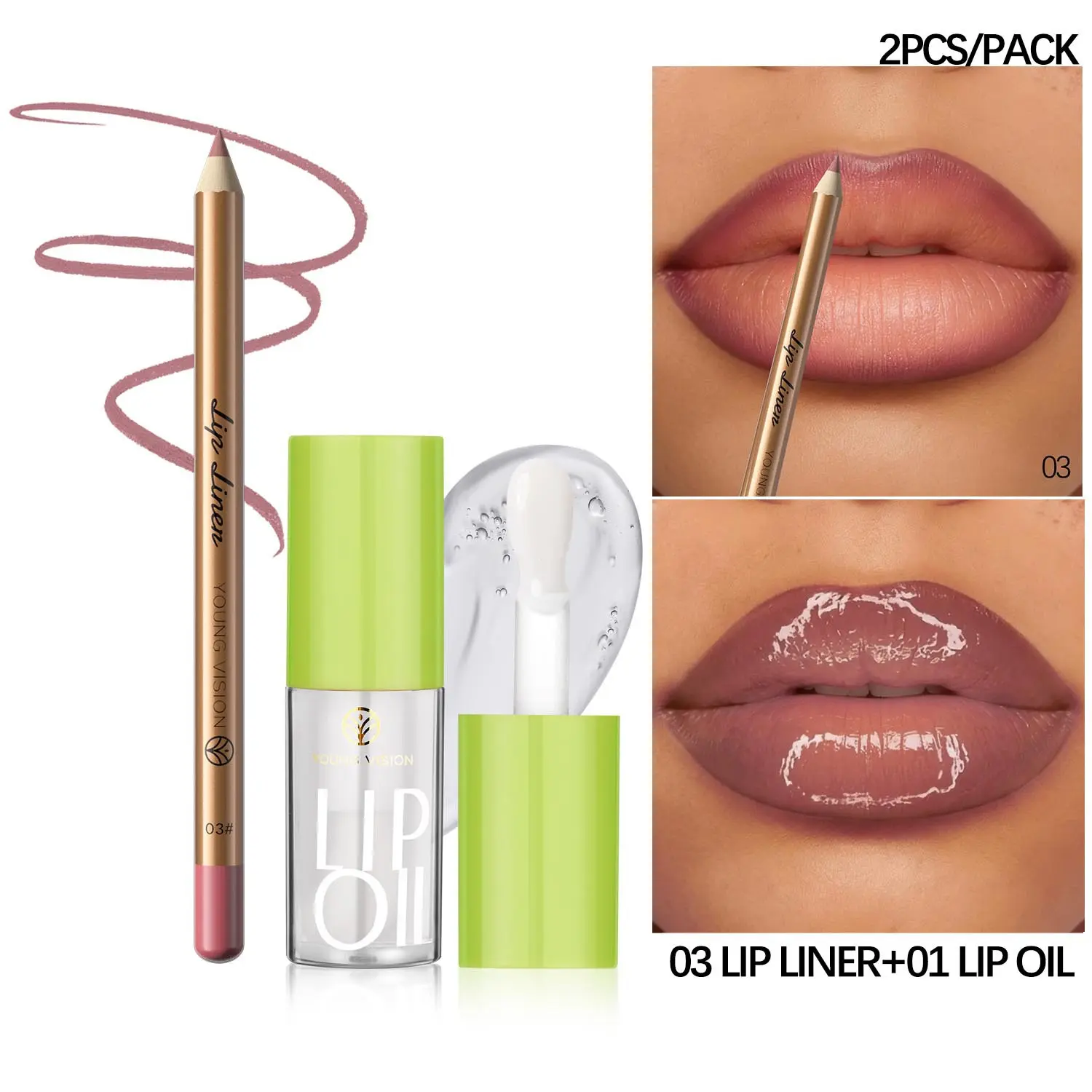 YOUNG VISION Matte Lip Liner Set with Transparent Glossy Lip Balm, Define Lips, Layered Application, European Style Gradient Full Glass Pout