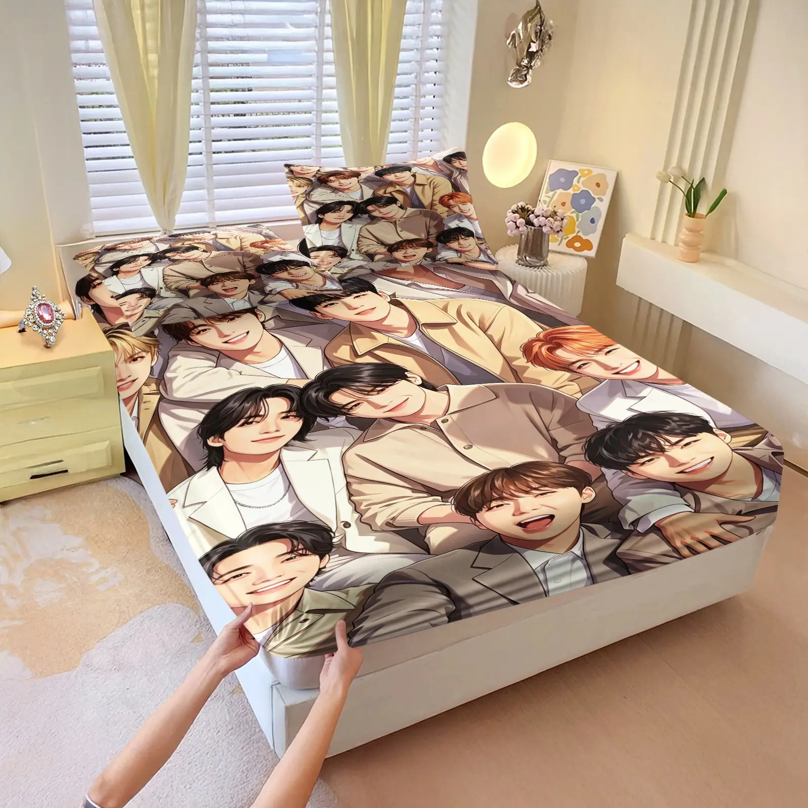 3Pcs Handsome Boys Illustration Fitted Sheet Set, Warm Tone Healing Print, Breathable Durable Fabric, All Season Comfort, Ideal Bedroom Refresh for Korean Style Enthusiasts