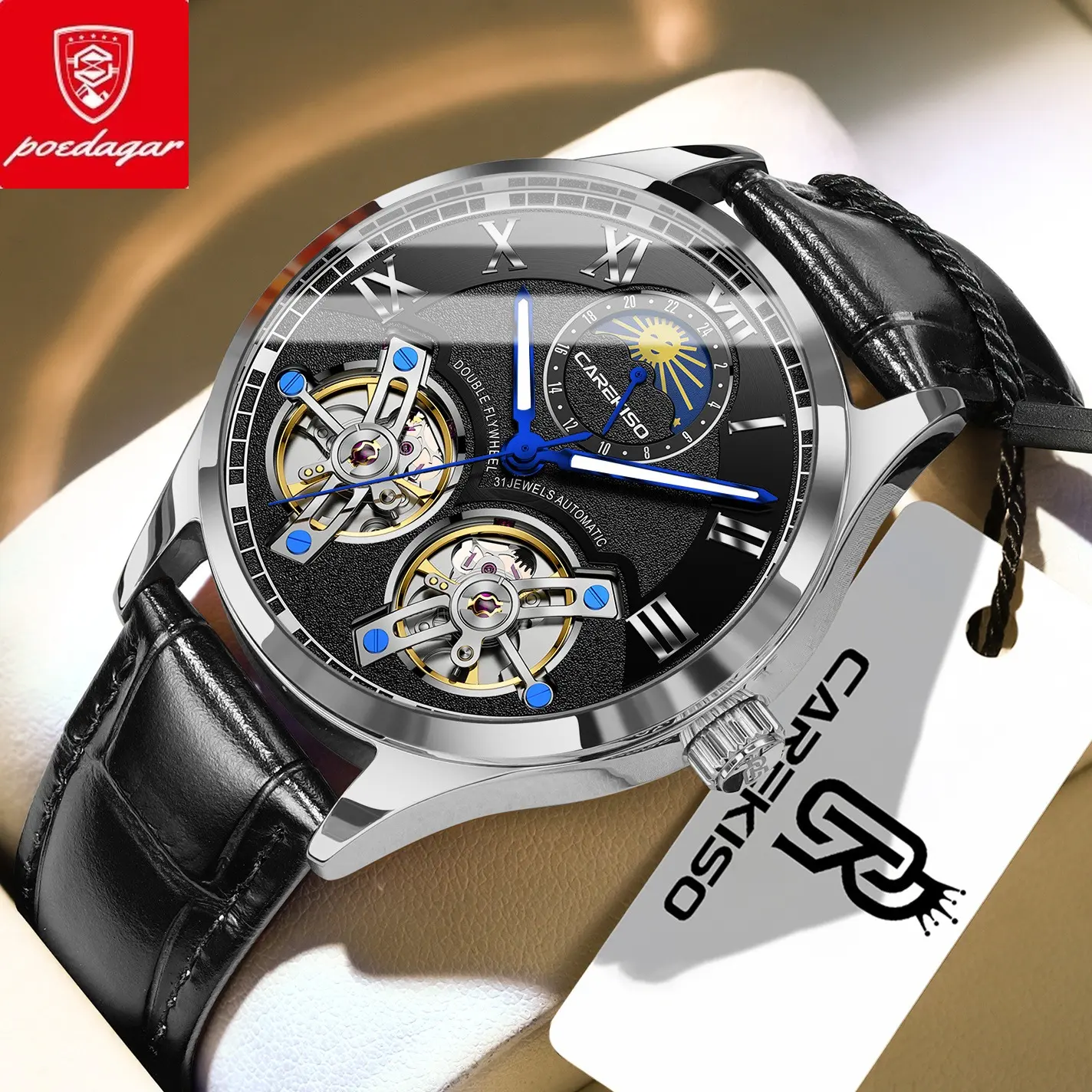 CAREKISO Luxury Automatic Men's Watch - Automatic Date, Circular Shell, Hollow Dial, Tourbillon View, Night Light, Waterproof, High-Quality Leather Strap