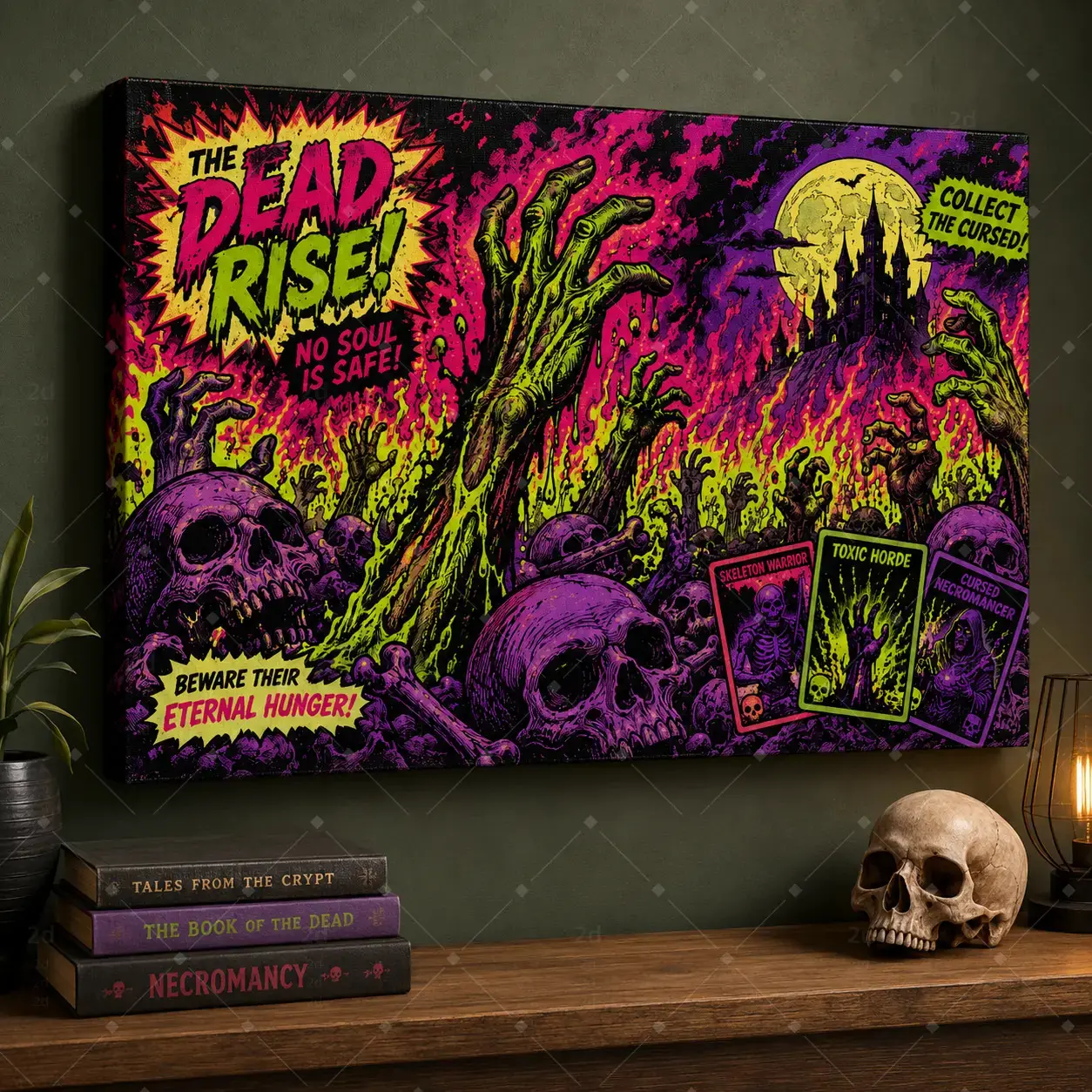 Retro Horror Comic Canvas Wall Art, Zombie Monster Skull Decorative Poster Print, Neon Halloween Wall Decor for Living Room Bedroom Game Room Dorm Party Room, Unframed or Framed Canvas Wrap