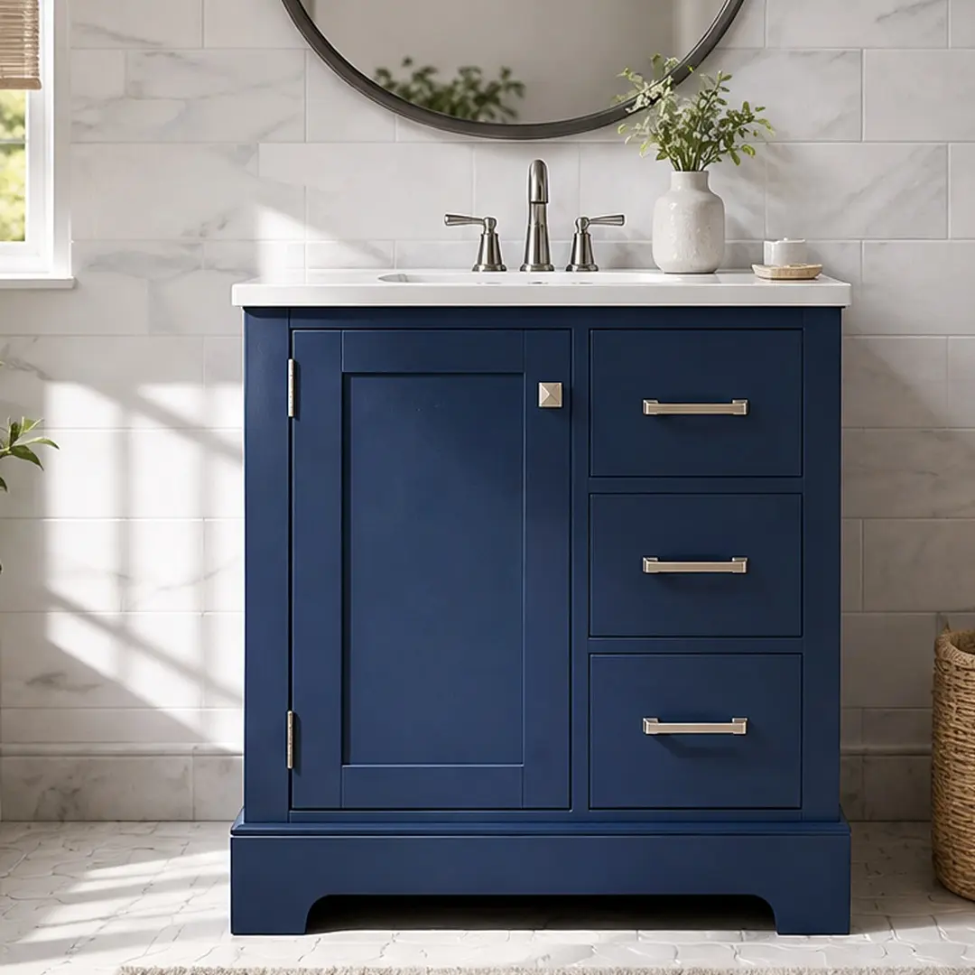 ARCH 30-Inch Bathroom Vanity with Ceramic Sink, Solid Wood and MDF Floor Cabinet, One Cabinet and Three Drawers, Painted Waterproof Finish, Blue, for Bathroom Storage and Organization, Multiple Color Options Available, Solid Wood+MDF Material