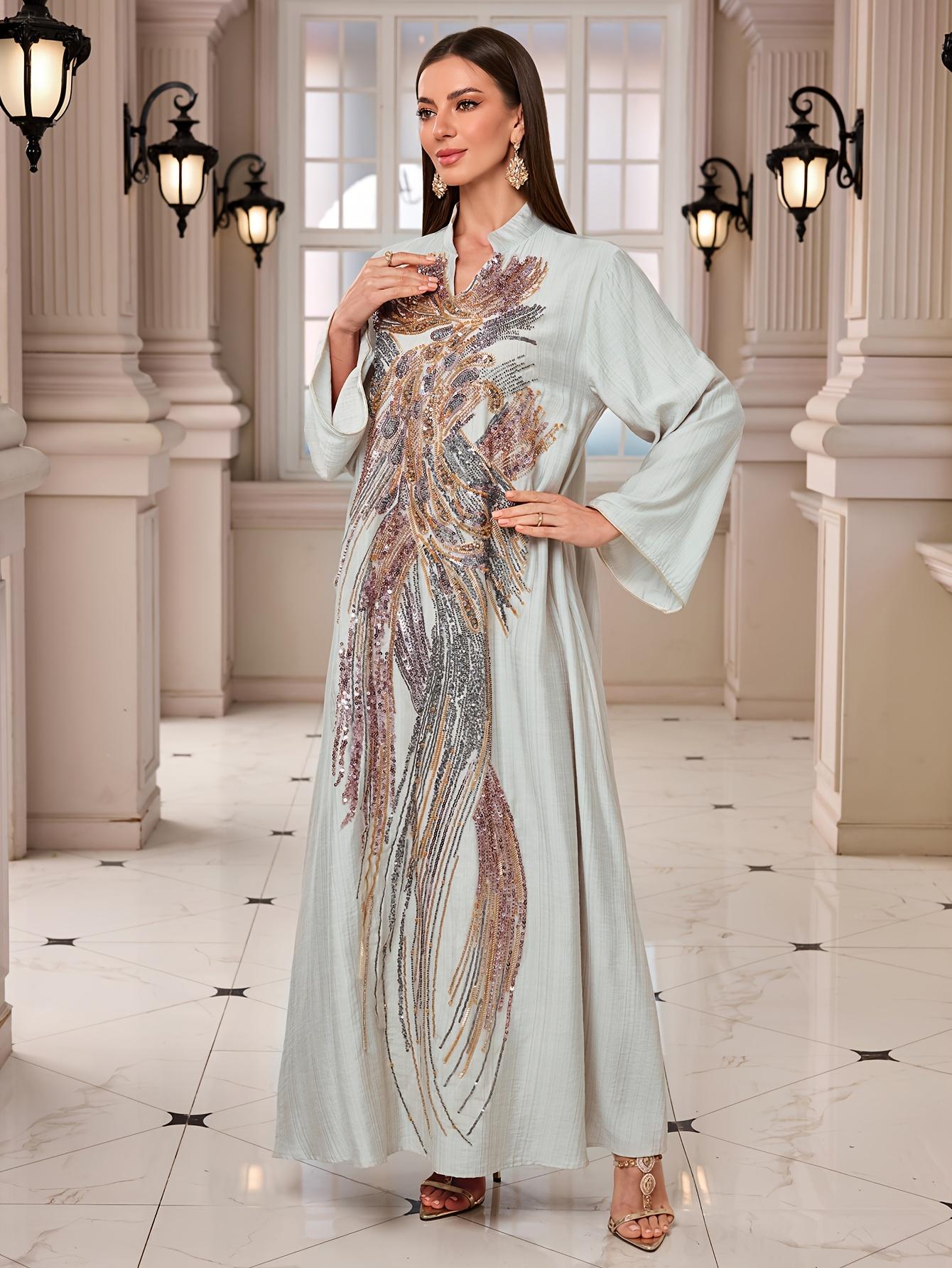 Ramadan Middle East Muslim New Style Robe with Beaded Sequin Embellishments from Chest to Hem, Heavy Print Dress for Daily Gatherings and Festivals