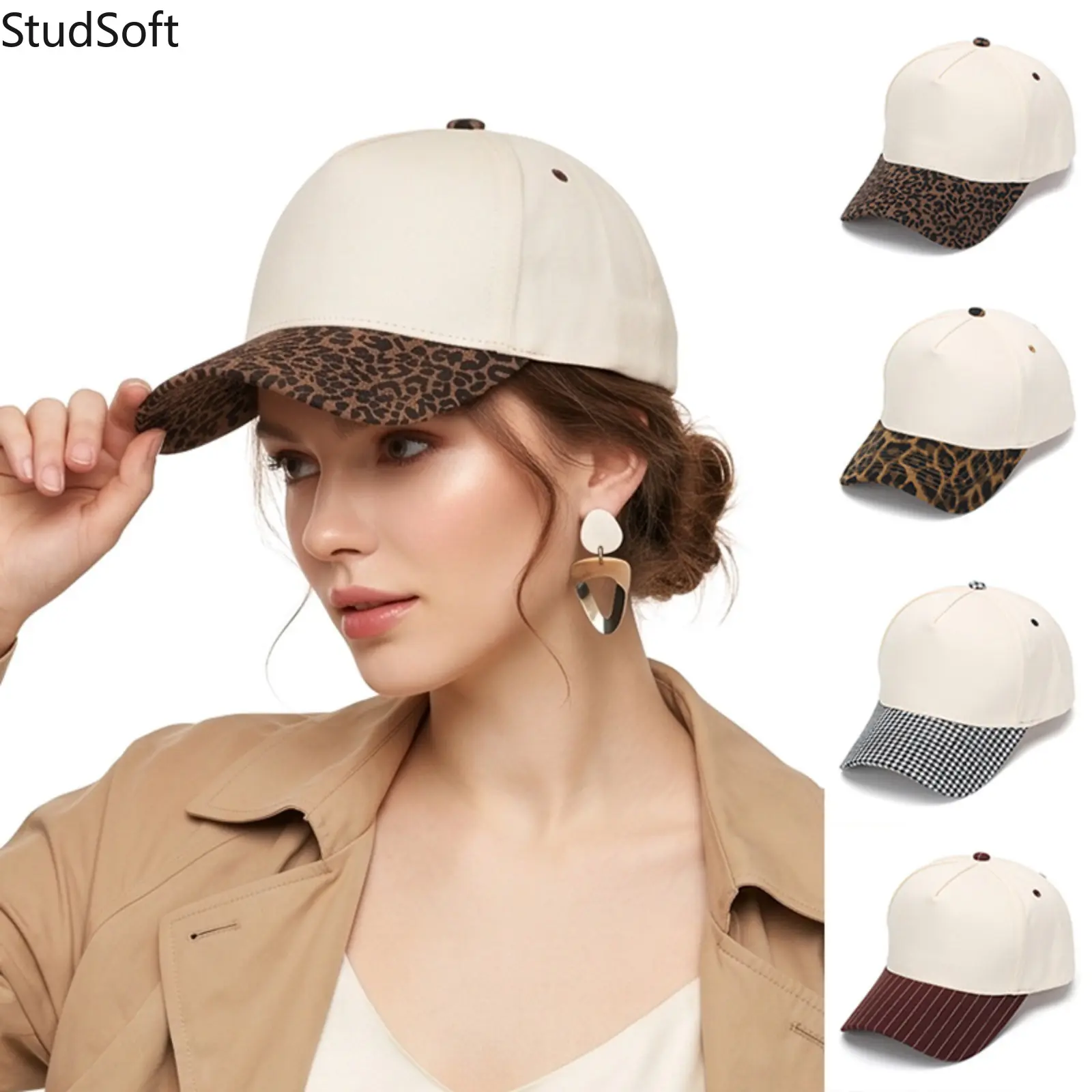 Female Sports Cotton Baseball Cap - Leopard-Houndstooth Print, Adjustable UV Prevention Sun Hat for Outdoor Wear, Women's Accessory, Sun Protection, One Size