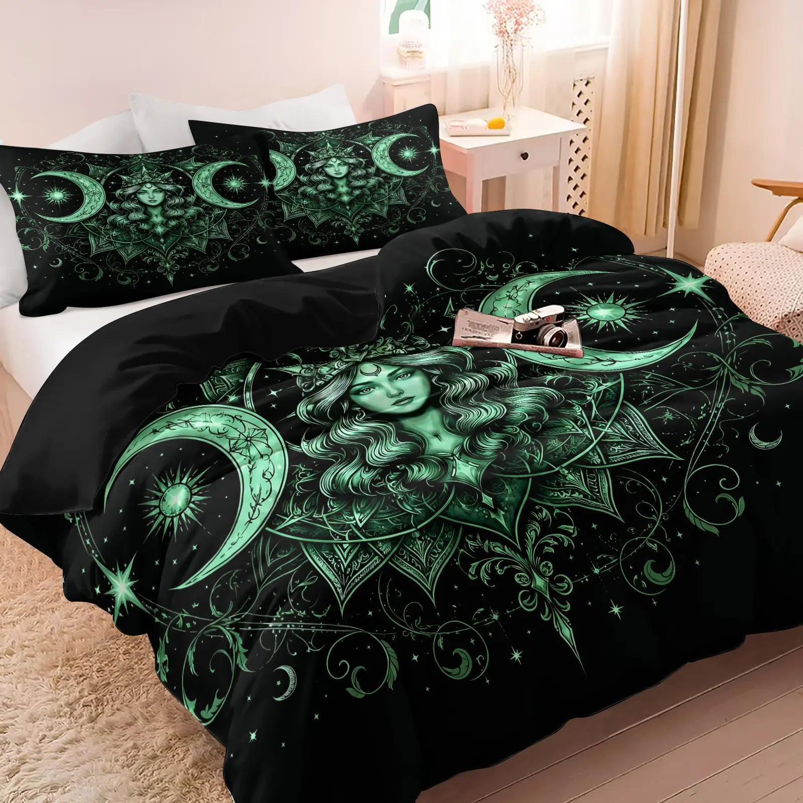 3pcs Set Black Background Green Moon Goddess Duvet Cover Bed Covers, Gothic Celestial Mandala Bedding, Occult‑Style Bed Linen for Home Bedroom, Dormitory & Hotel Use (1 Duvet Cover + 1-2 Pillowcases, No Comforter, No Pillow)