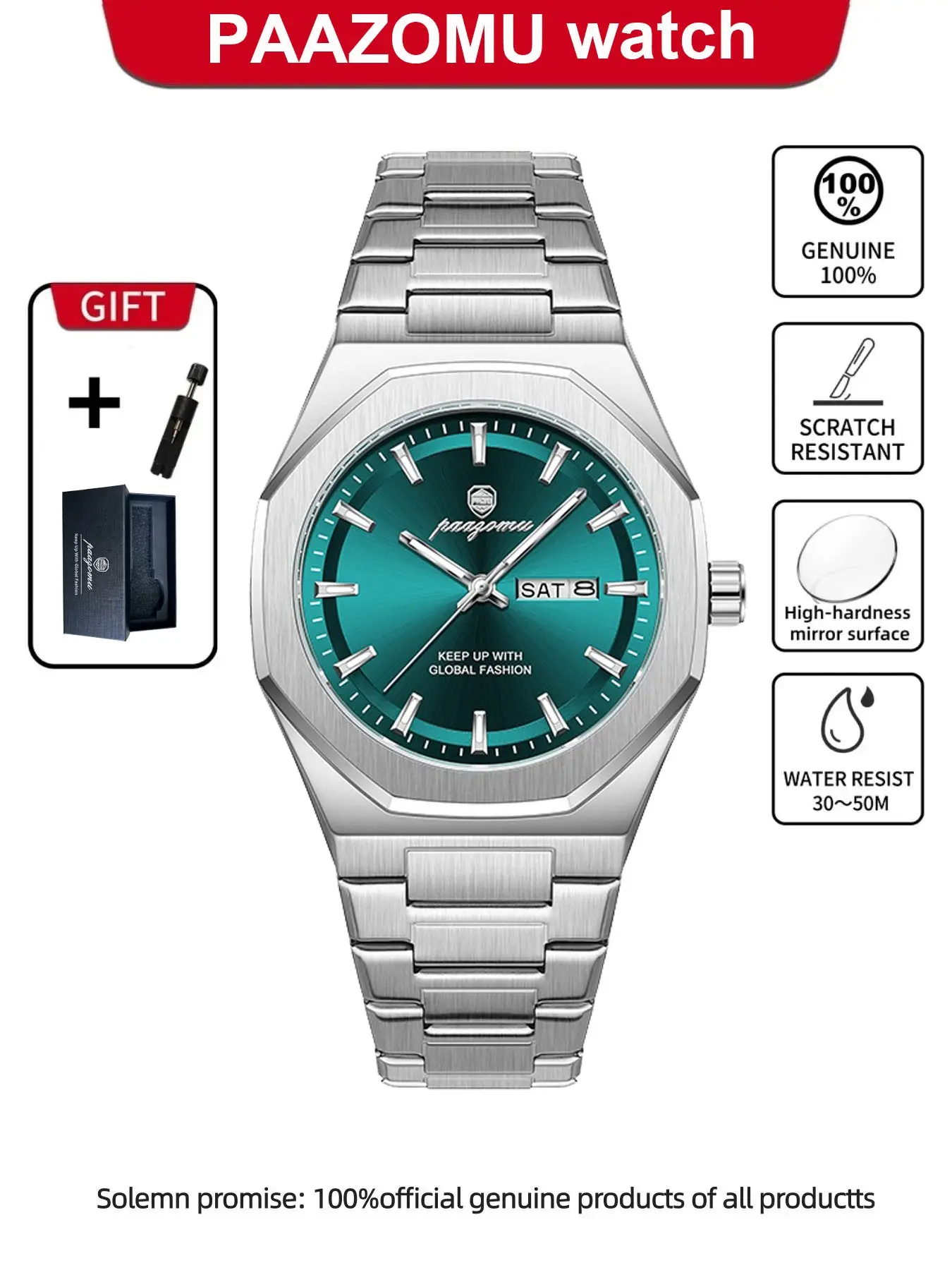 Paazomu Luxury Men's Watches, Men Fashion Watch, Luminous Waterproof, Stainless Steel, Casual, Quartz, Silver Color, All Seasons, M875 Model