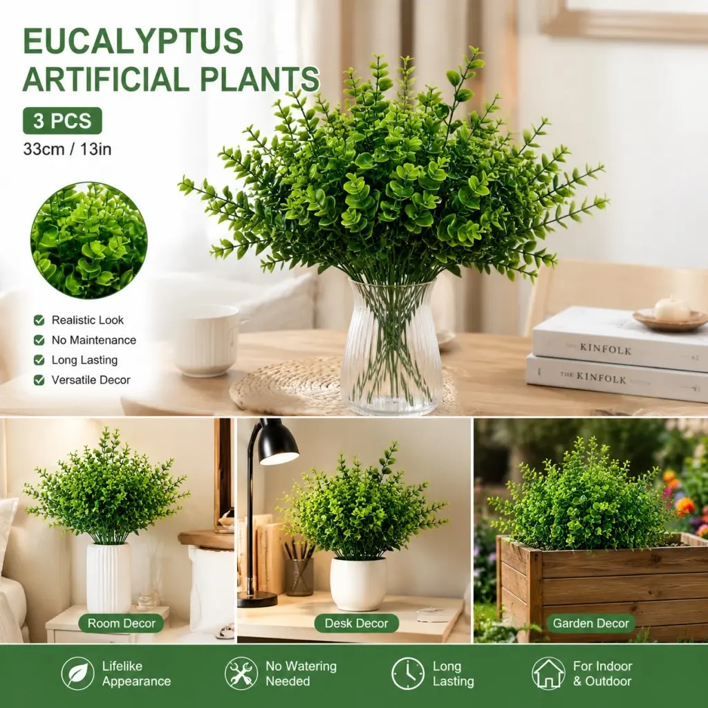 3 Pcs Artificial Eucalyptus Leaves Plant Stems, Fake Flower Bouquet, Decorative Branches for Home Party Wedding Decoration, Fake Plastic Leaves