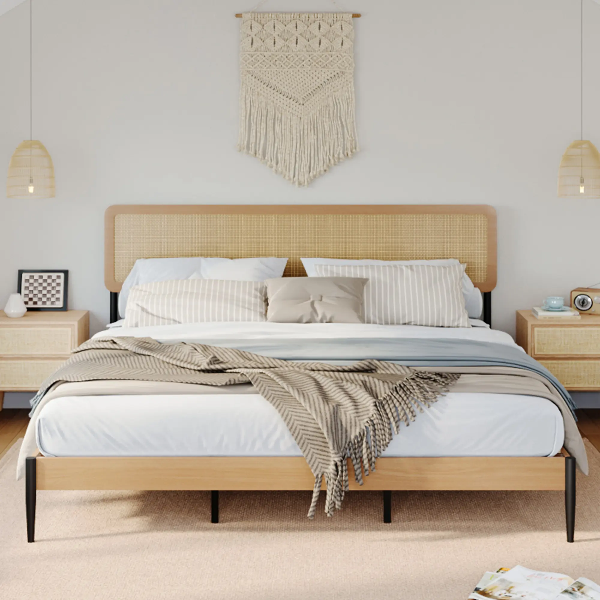 Boho Style Rattan Bed Frame Full – Natural Wood Color, Wooden Platform, Headboard, Sturdy Silent Slats, No Box Spring Needed – Size: FULL, Color: Natural wood color