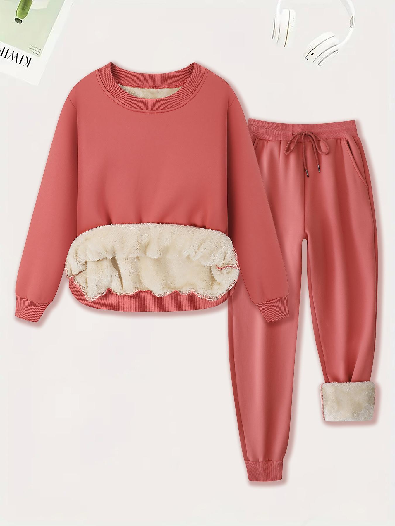 Women's Plain Soft Plush Lined Sweatshirt & Drawstring Waist Sweatpants Two-piece Set, Basic Casual Fitted Round Neck Long Sleeve Pullover & Pocket Jogger Pants, Women's Two-piece Outfits for Winter Womenswear