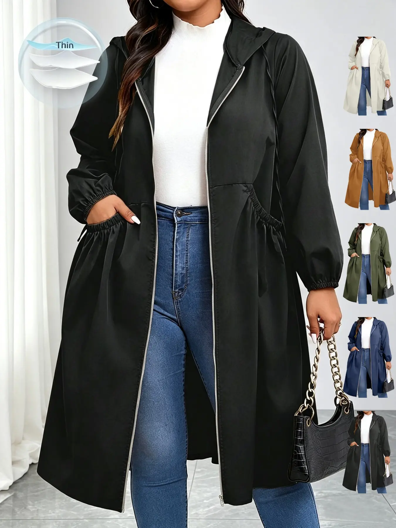 Plus Size women's hooded windbreaker jacket, with a hooded design for windproof and sun shading. The metal zipper placket is paired with a waist cinched waist, and the lightweight windproof woven fabric is not easy to wrinkle and has good breathability.