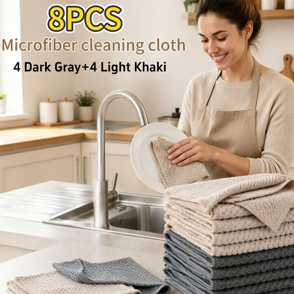 8pcs Microfiber Cleaning Cloths, 9.64x9.64 Inches, 4 Dark + 4 Light, Reusable, Soft Absorbent, No Shedding, Multi-Use Towels