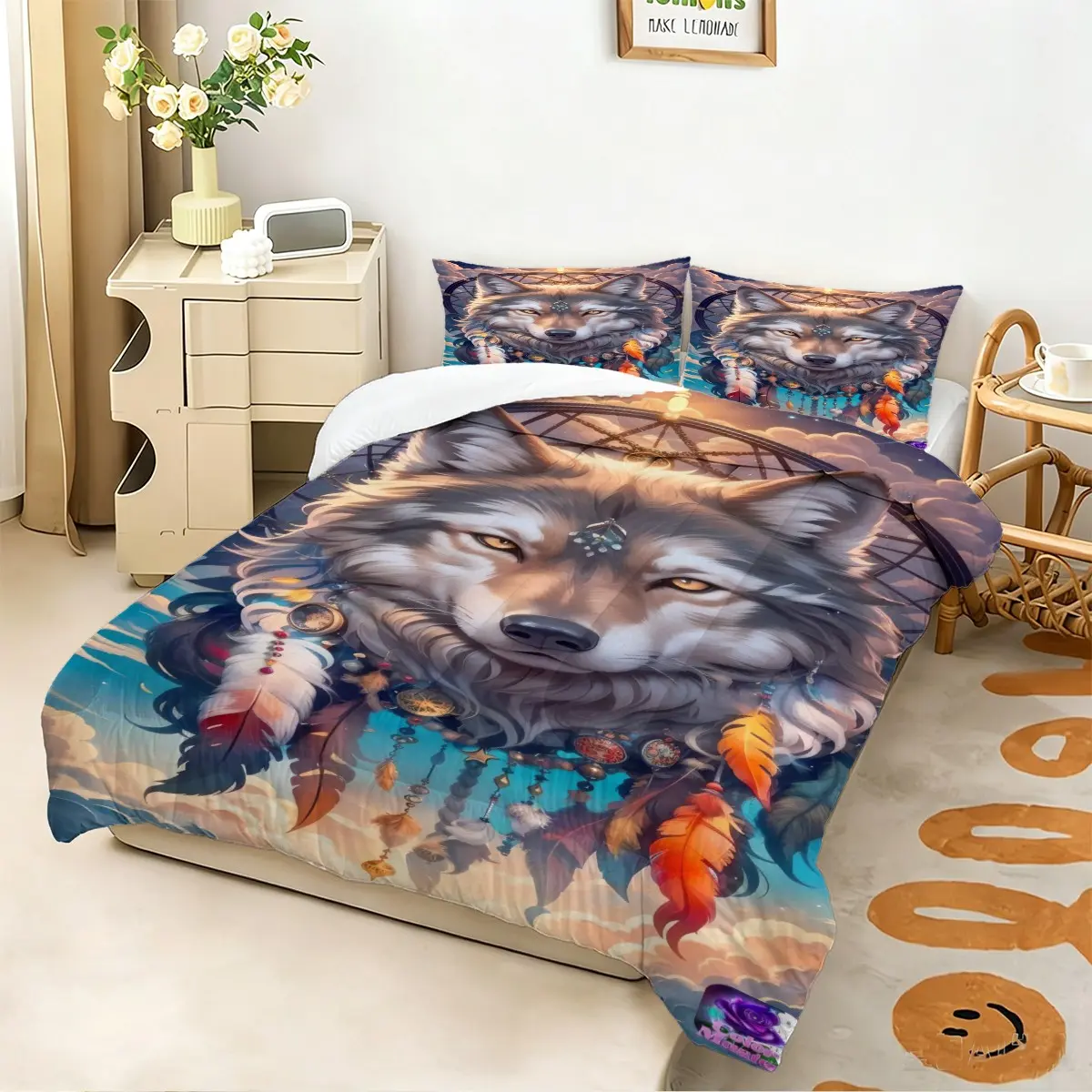 2/3 Pcs Majestic Wolf Dreamcatcher Bedding Set, No Pillow Inserts, Ultra‑Soft Comforter Set, Lightweight Comforter for Apartment, Man Cave, Birthday Gift for Wolf & Boho Dreamcatcher Lovers