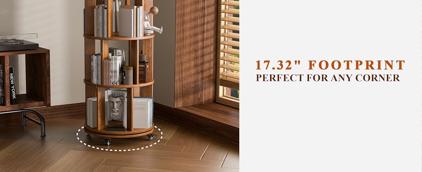 6 Tier Solid Wood Rotating Bookcase with Wheels Round Revolving Bookshelf Organizer 360° Spinning Storage Shelf for Corner Small Narrow Spaces Home Office Kids Room Drawers Organization Computer Desk