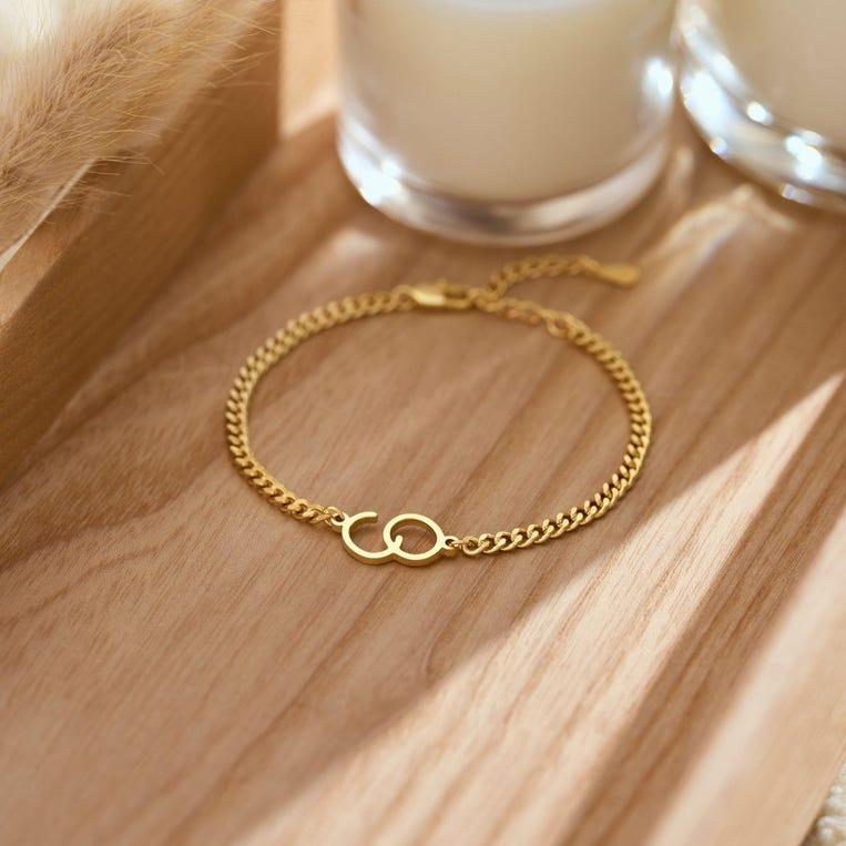 AS821 Personalized Custom Two Initials Bracelet Stainless Steel Cuban Chain Couple Bracelet Anniversary Gift for Men and Women