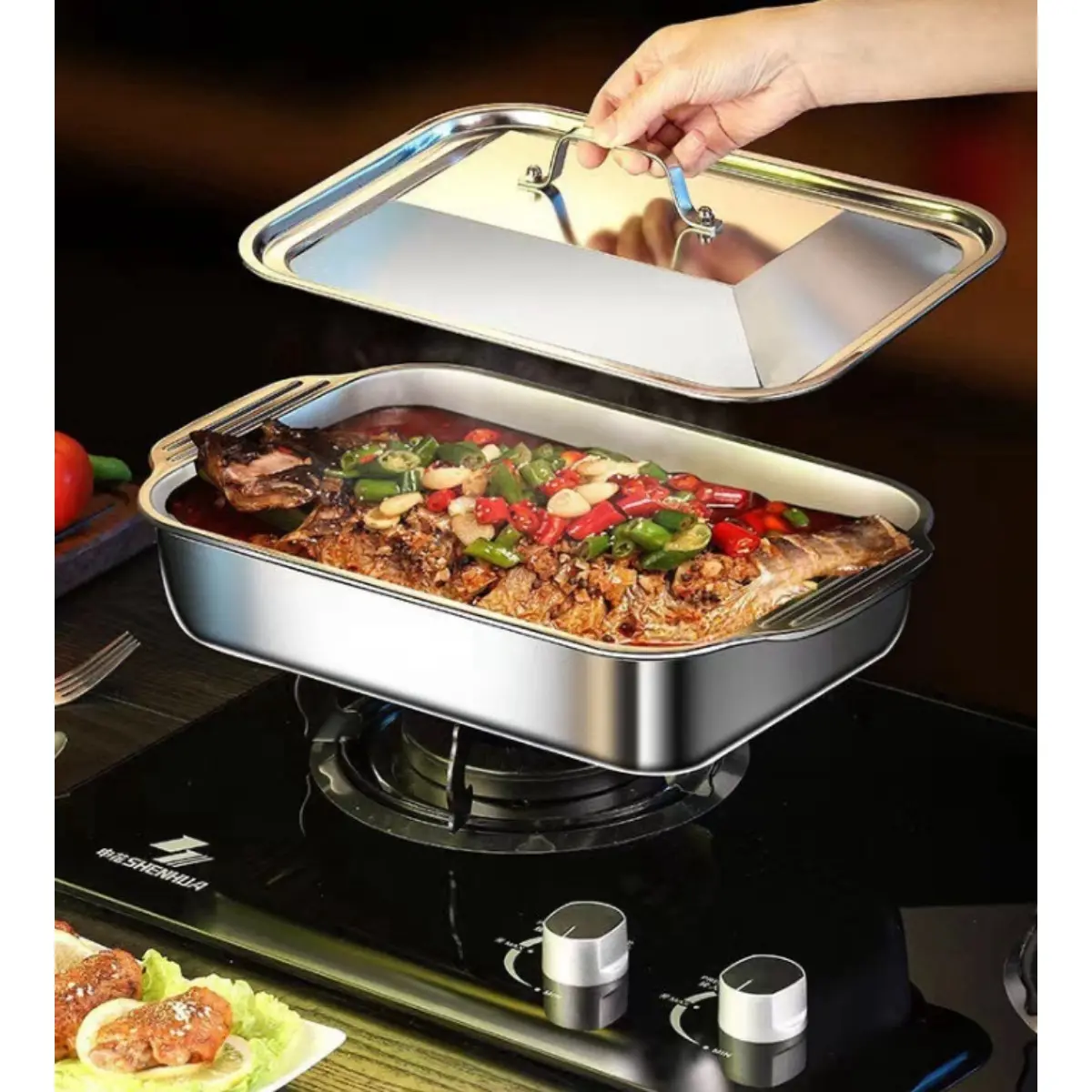 3-Piece Stainless Steel Baking Pan Set, Bakeware - Large-Capacity, Heavy-Duty Fish Baking Pan, Home and Commercial BBQ Pan, Seafood and BBQ Buffet Tray, Multi-Functional Cooking Tray