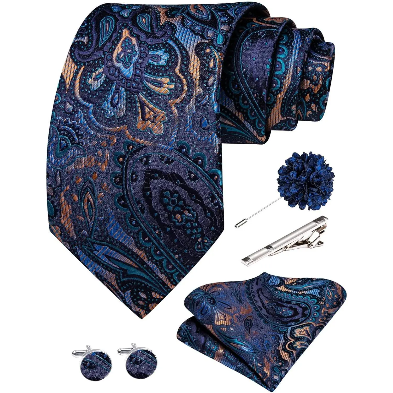 63 inches Extra Long Ties for Big and Tall Men Mens Necktie and Lapel Pin Clips Handkerchief Cufflinks Business