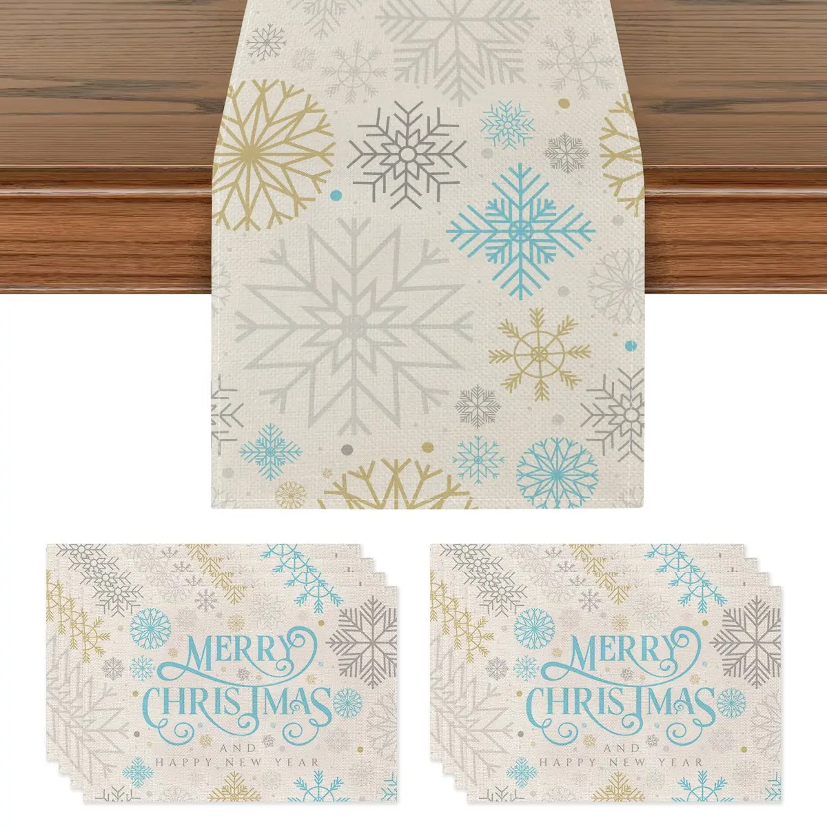Christmas Table Runner and Placemat Set, Snowflake Design, Perfect for Thanksgiving, Kitchen, Dining Room, Indoor Outdoor Use