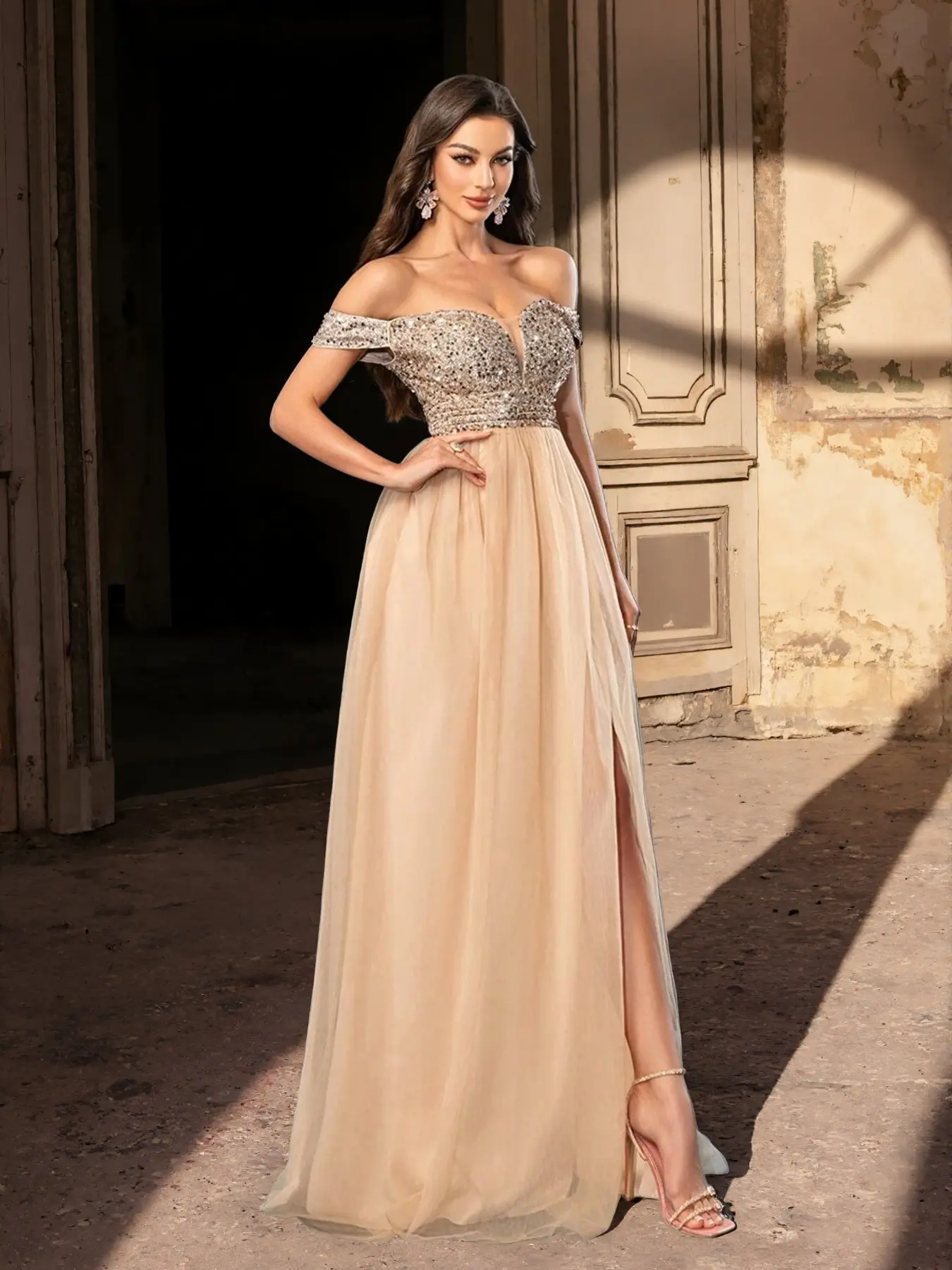 Women's Elegant Glitter Sequins Floral Decor Prom Dress Formal Wear, Chic Vintage Rose Design Wedding Party Gown, Ladies Clothes for Summer