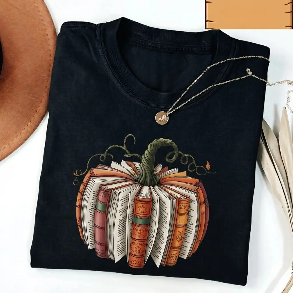 Fall Book Pumpkin Shirt, Halloween Book Lover Graphic Tee, Cozy Bookish Autumn T-Shirt
