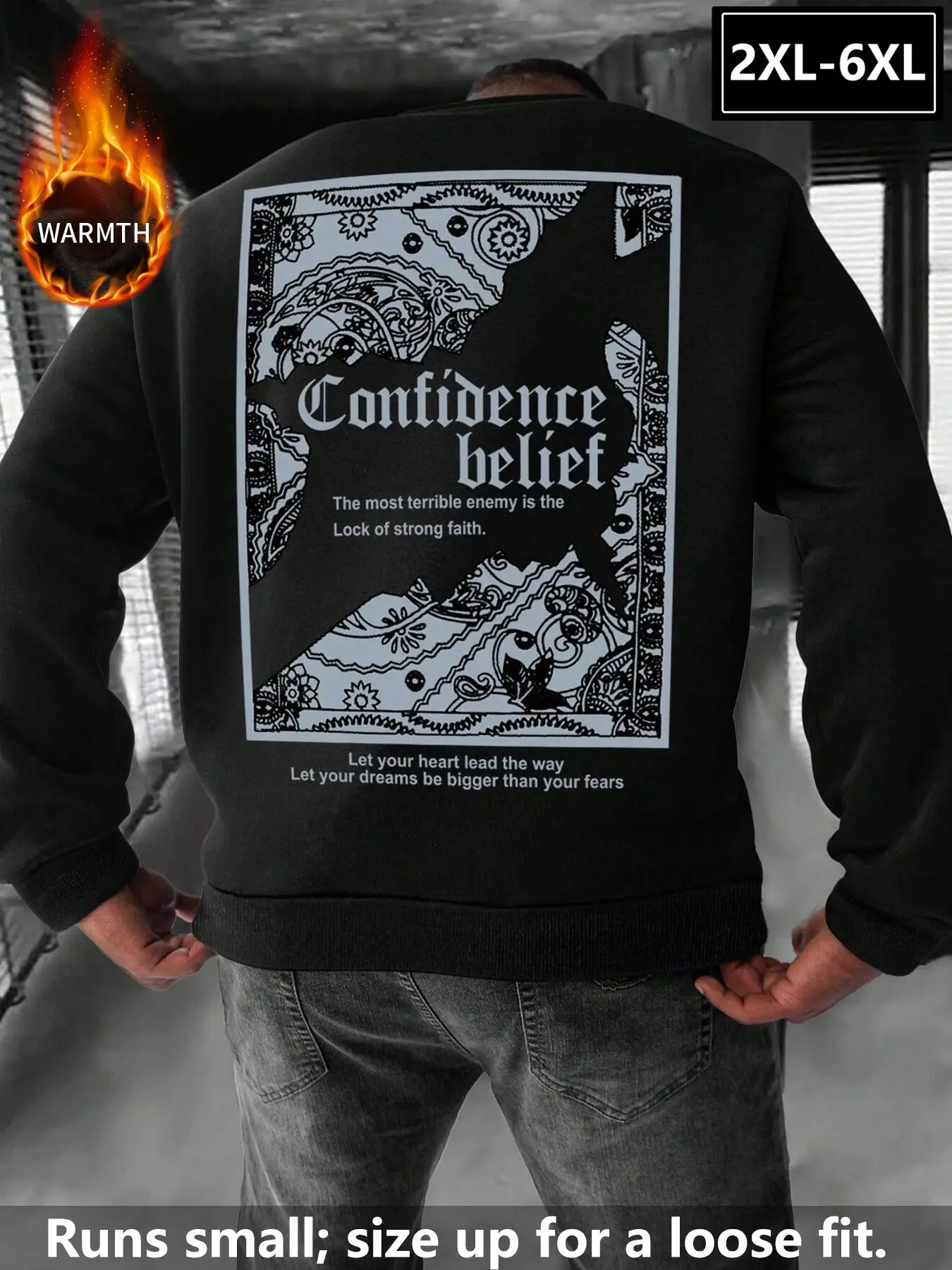 Large Size Men's Floral Print Round Neck Sweatshirt, Loose Fit, Warm Comfortable Fabric, Slimming Not Tight, Durable Versatile American Street Style Casual Top