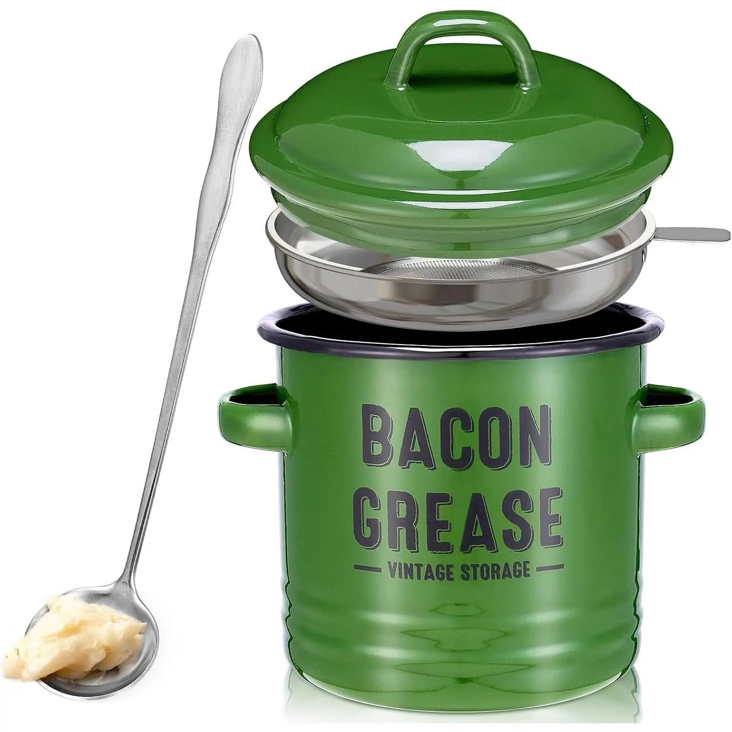 Bacon  Container for Kitchen with Strainer, 46oz Large Size | Enamel Bacon  Saver with Removable SS304 Strainer, Dishwasher Safe, Oil Keeper for  Storage, Green  Decor