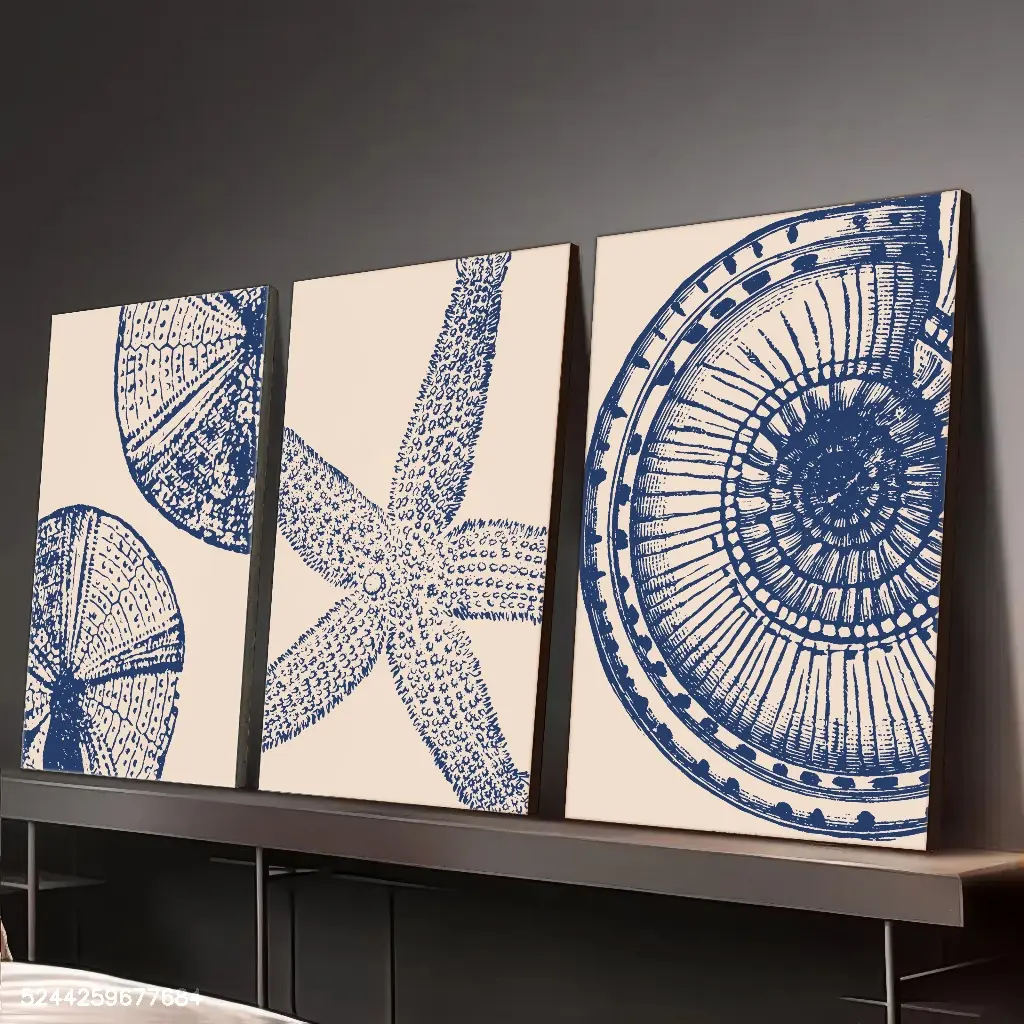 2D/Flat, 3-piece set of wooden framed canvas posters - Blue nautical art, cream background - Canvas wall art - Poster - Room decoration - Wall decoration - Living room decoration - Bedroom decoration - Home decoration - Perfect gift for friends and family