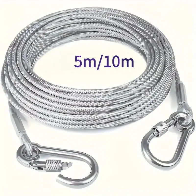 Stainless Steel Heavy Duty Clothesline Rope, Coated Safety Cable with Hooks, 5.99m/299.72cm, Anti-Slip, Rust-Resistant, Indoor Outdoor Use