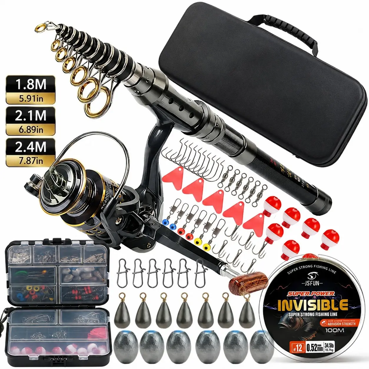 266PCS All-in-One Fishing Kit 3 Sizes Carbon Telescopic Sea Fishing Rod Full Set With Metal Reel Fishing Line Hooks Sinkers Floats Hard Storage Case For Beginner Anglers