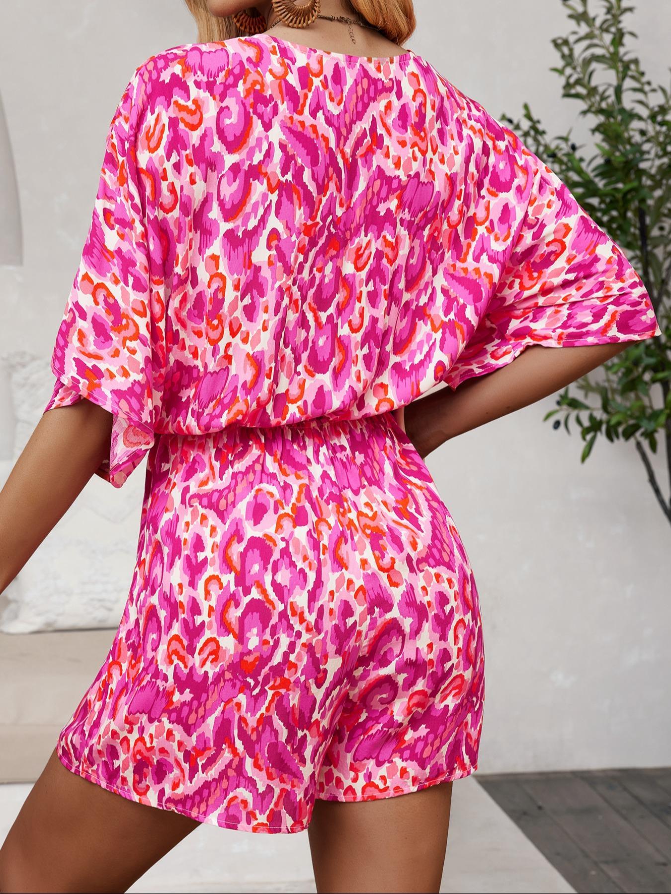 Women's All Over Print Belted V Neck Wide Leg Romper, Boho Casual Fashion Batwing Sleeve Half Sleeve High Waist Romper for Summer, Fashion Women's Clothing for Beach Holiday Vacation