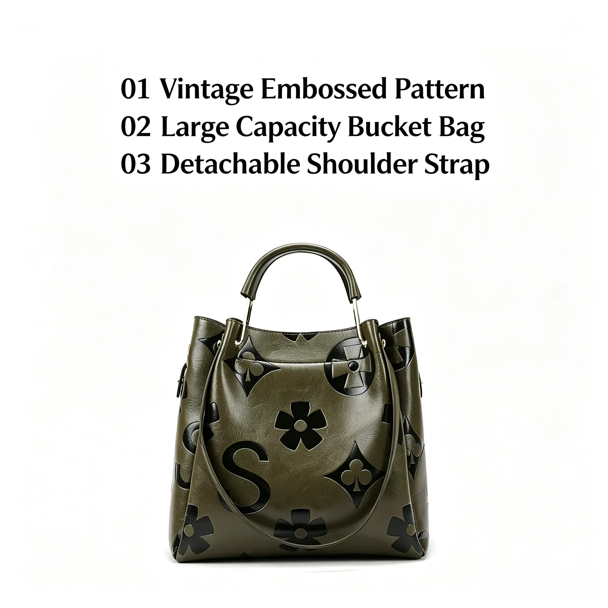 Women's Retro Vintage Embossed Pattern TPU Bucket Bag - Casual Large-Capacity Top Handle Tote with Zip, Convertible Crossbody Shoulder Handbag