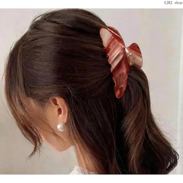 2Pcs Marble Swirl Large Hair Claw Clip Set, Glossy Neutral Tone Hair Grab Clips for Long Thick Hair