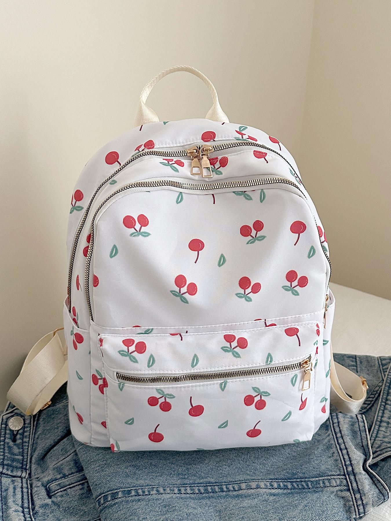 Cute and soft cherry pattern design backpack, sweet girl casual backpack, lightweight and practical portable travel bag, large capacity campus school bag, heavy load, simple and stylish travel companion