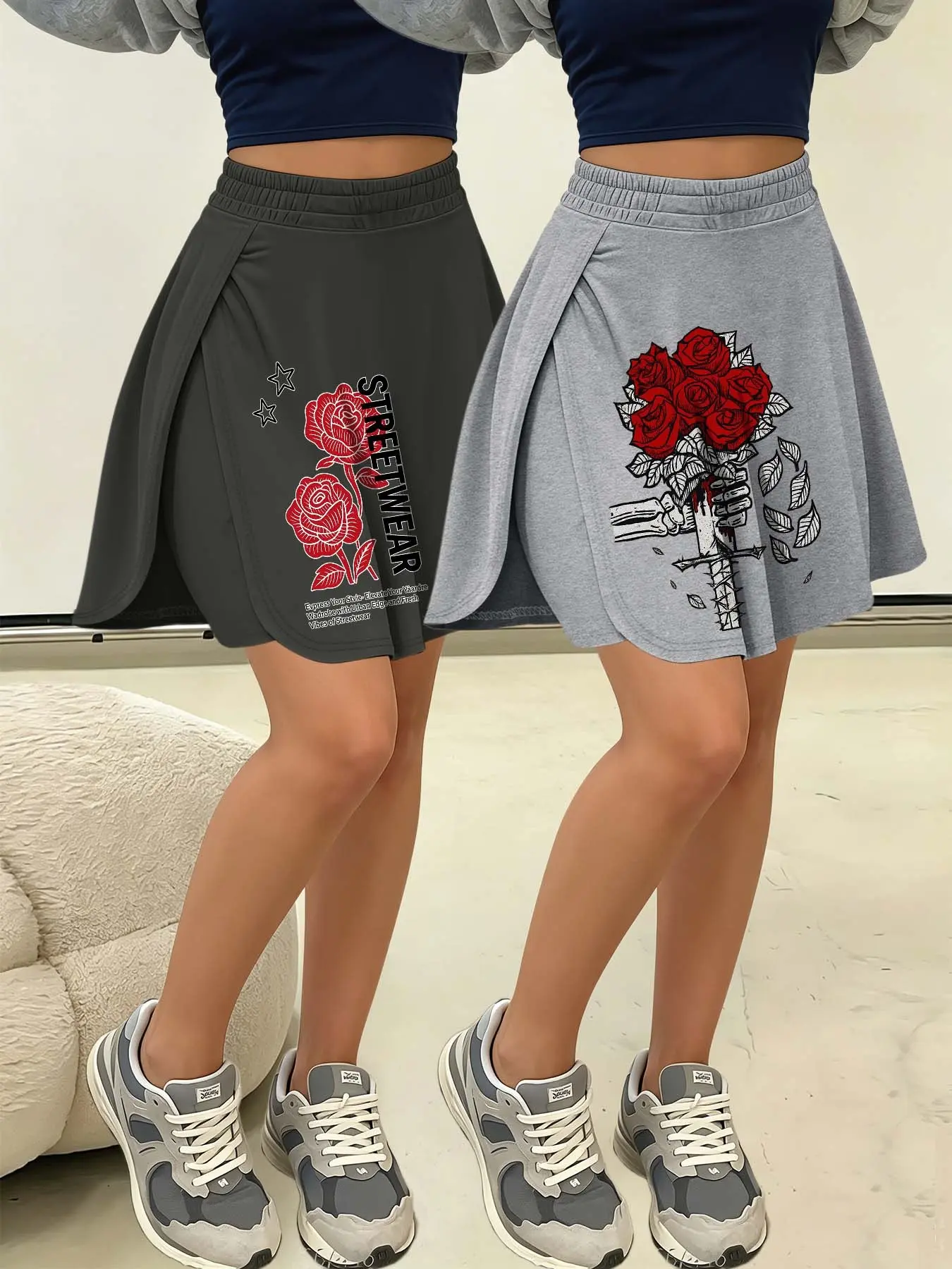 2026 Streetwear Line Retro Red Outline Rose   Skull Holding Red Rose Spring/Summer Hot New Arrival Daily Casual Light Sport Solid Color Women's Bottoms Versatile Colors Available Commuting Streetwear Slimming Short Women's Bottoms Anti-exposure Skort Two-