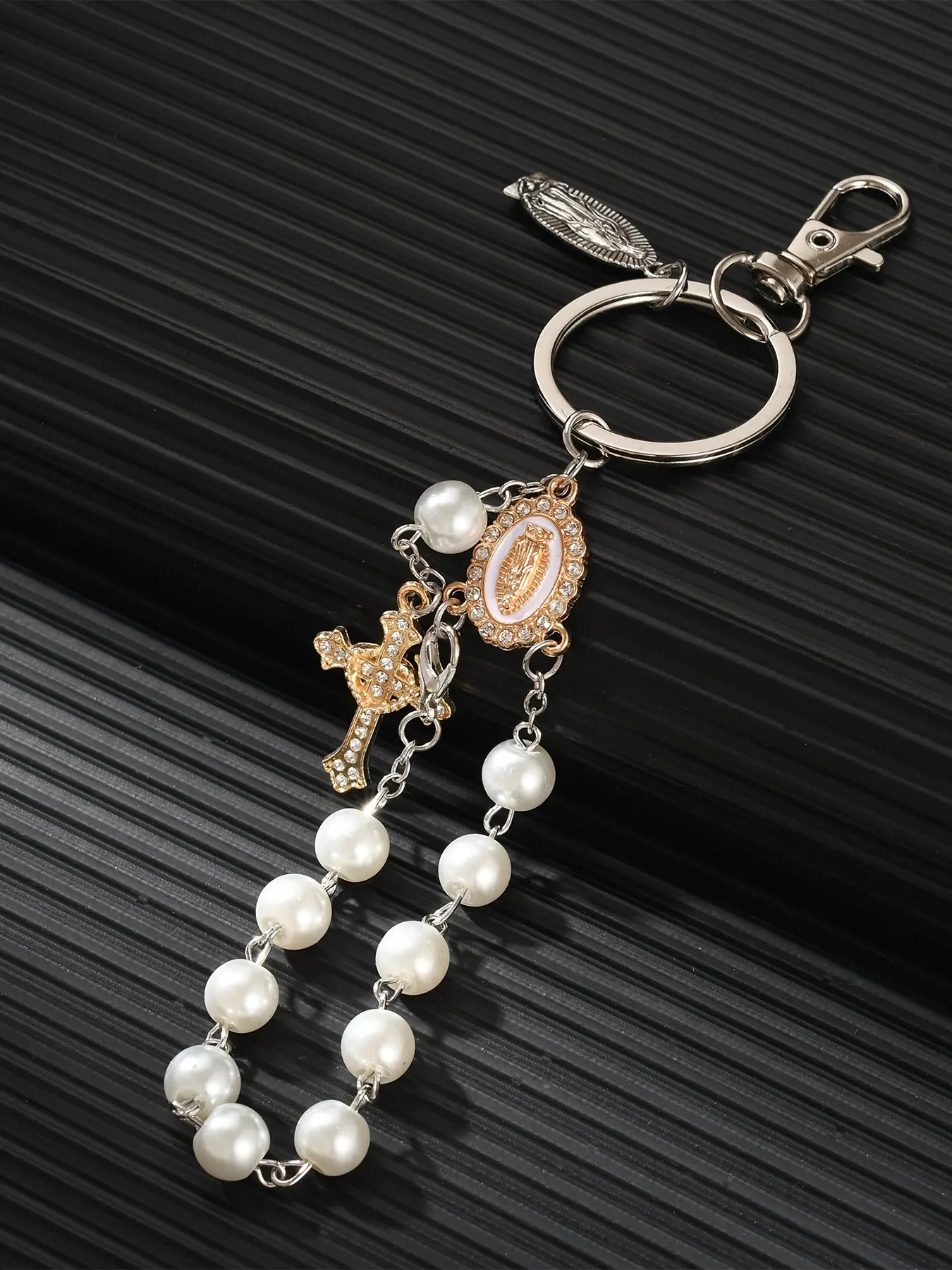 Rosary Cross Virgin Mary Bag Charm Pendants – Faux Pearl Religious Bag Chain Charms, Handbag Charms, Tote Bag Charms, Purse Accessories, Vintage Faith Bag Decoration Pendant, For Christian Daily Bag & Key Accessories