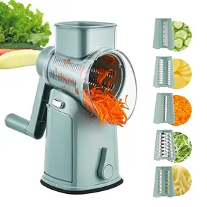5-in-1 Rotary Cheese Grater & Vegetable Chopper (with Suction Cup Base) – Equipped with 10 stainless steel blades, suitable for grating cheese, vegetables, fruits, and shredding chicken.