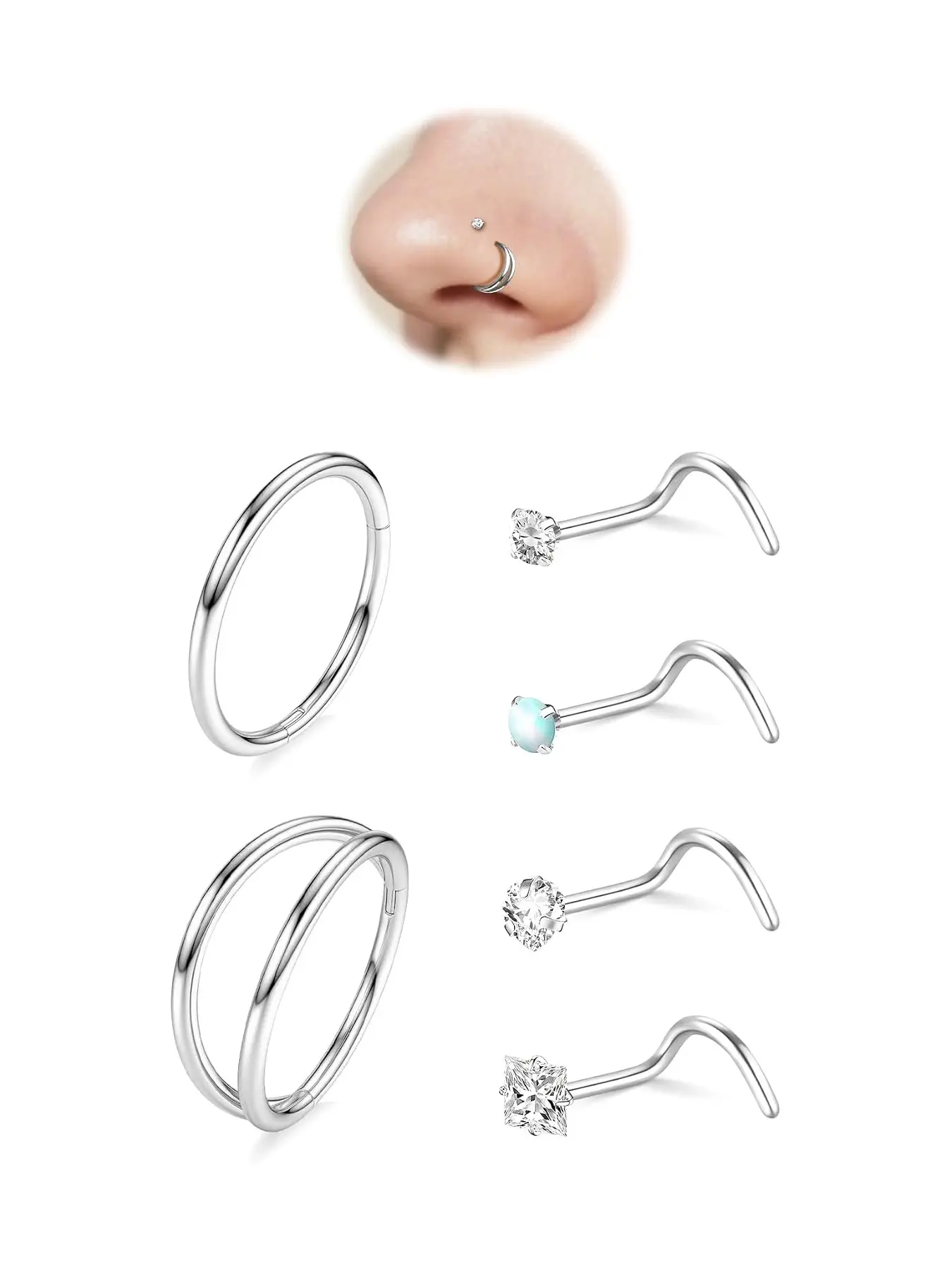316L Surgical Steel Nose Piercing Jewelry Set, Smooth Double Spiral Nose Rings & Curved Nose Studs, Hypoallergenic Reusable Septum Nostril Helix Cartilage Ear Hoop Piercings