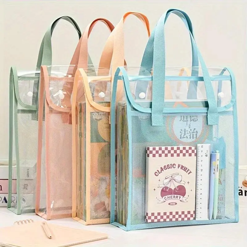 PVC Double-layer Widened Transparent Tote Bag,Snap on Storage,Approximately 12 Textbooks Can Be Installed,Student Supplies