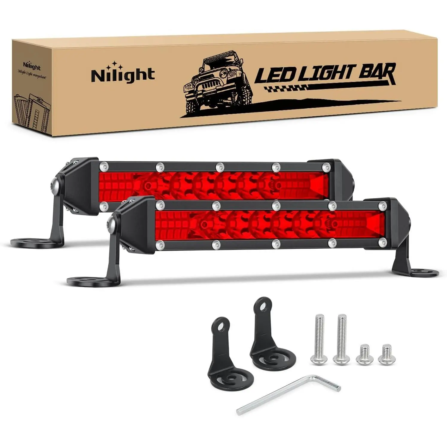 Nilight Slim Profile Aluminum LED Light Bar Kit, 2Pcs 7In 48W 16LED Single Row Spot-Flood Combo Red Light with Adjustable Bracket Mount for 12V-24V ATV/UTV/Pickup, Dirt Bike (Hunting, Off-Road Use)