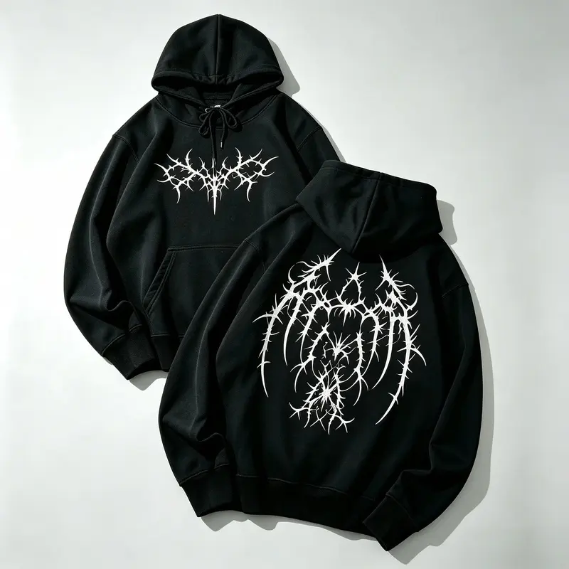 Unisex Soft Fleece Drawstring Hoodie Vintage Gothic Thorn Wing Front Back Print Sweatshirt For Men Women All Day Casual Wear