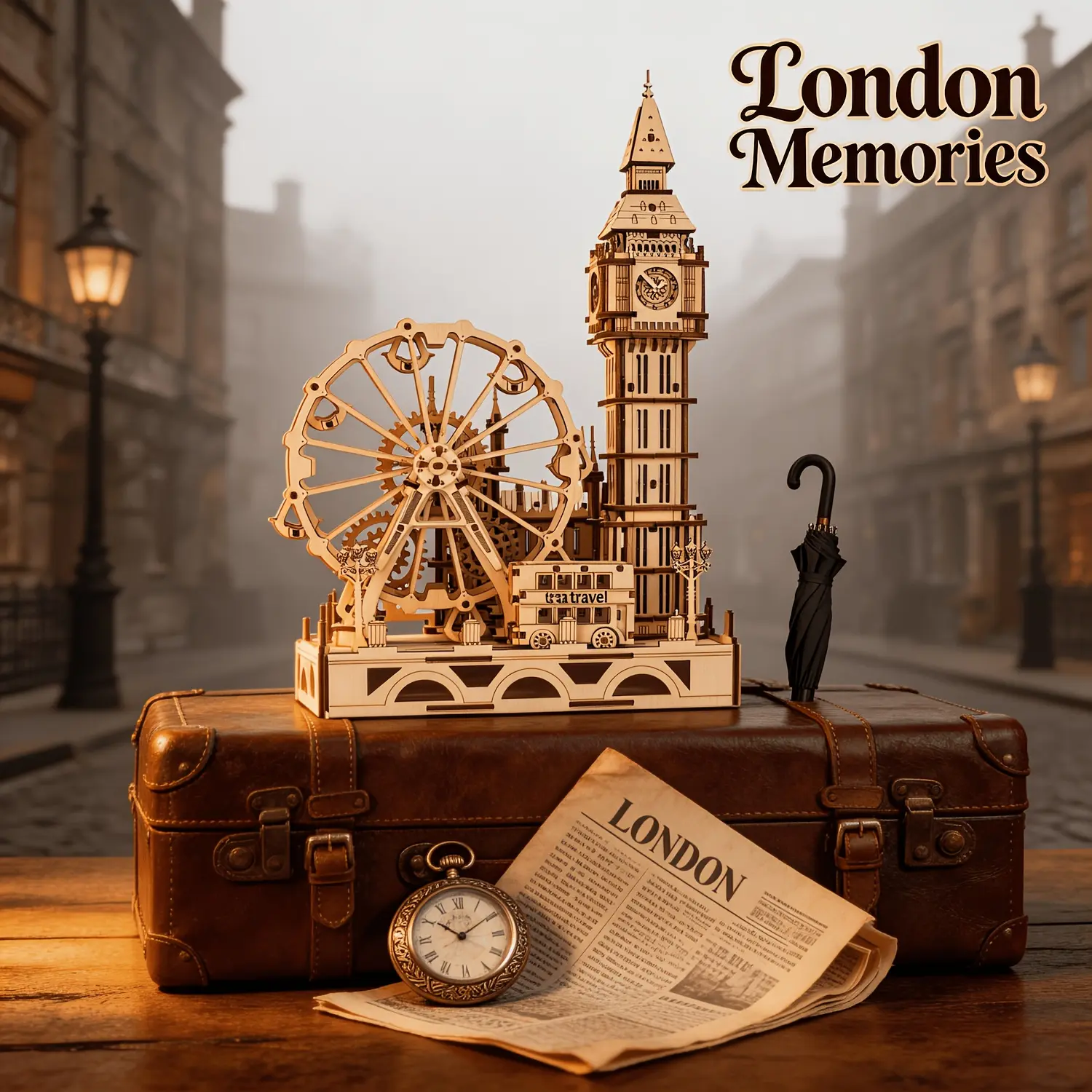 3D London Landmarks Wooden Puzzle Kit - No Glue Unisex DIY Wood Craft Kit with Movable Gear London Eye, Big Ben, Double Decker Bus, Vintage British Desktop Decor, Travel Souvenir Collectibles, Christmas Gift for Adults Teens (Birthday)