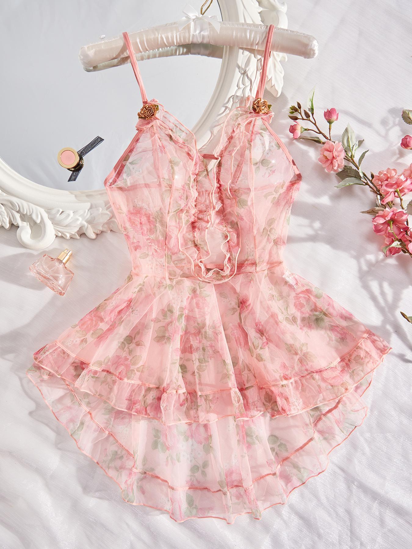 Plus Size Ditsy Floral Print Cut Out Frill Sheer High Low Ruffle Hem Sexy Adjustable Cami Mesh Dress, Romantic Fashion Casual Sexy Outfits for Daily Outdoor Wear, Women's Plus Size Clothes for All Seasons